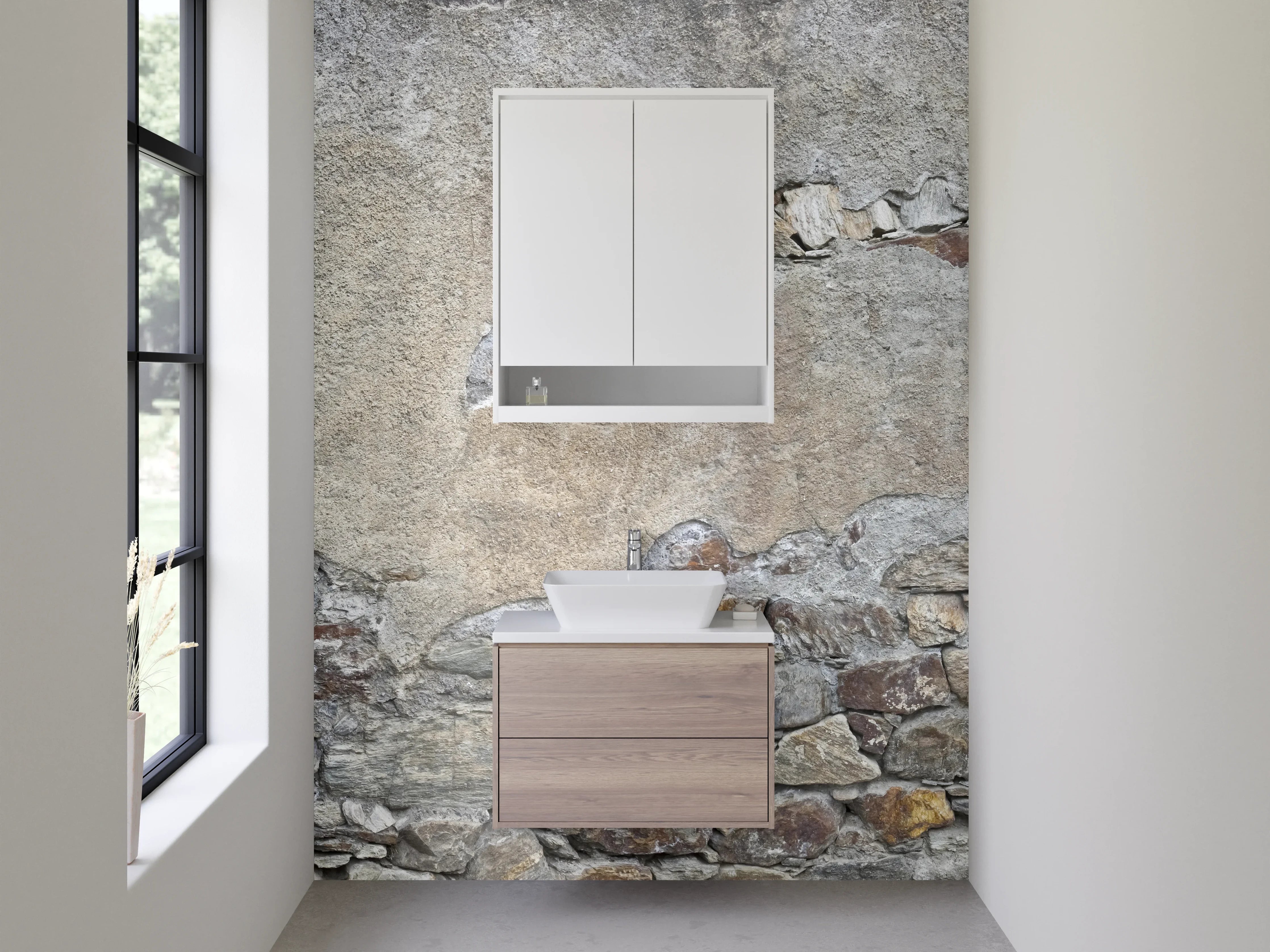 Waschbecken-Rückwand - Rustikale Steinmauer in Grau und Beige