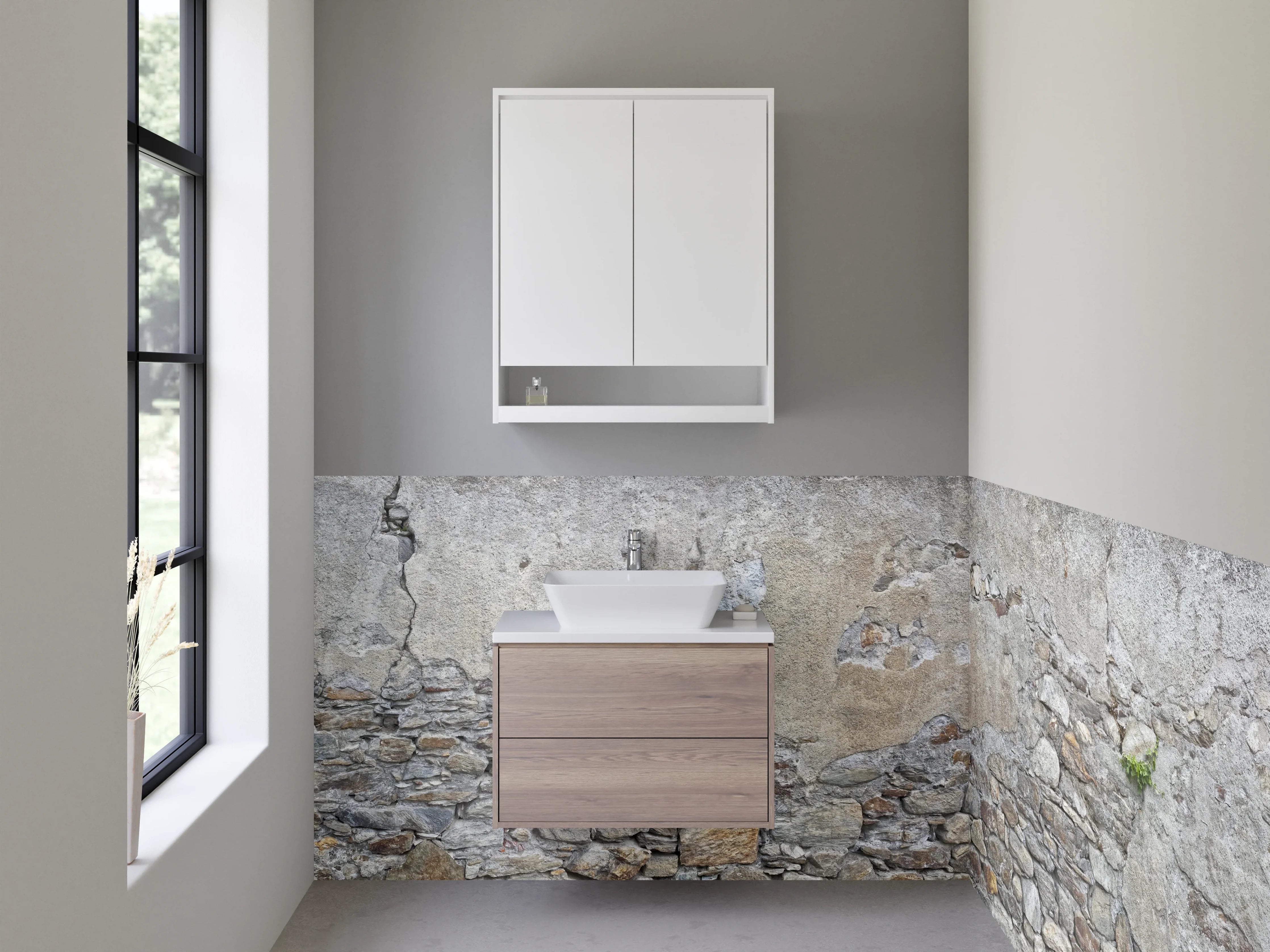 Waschbecken-Rückwand - Rustikale Steinmauer in Grau und Beige