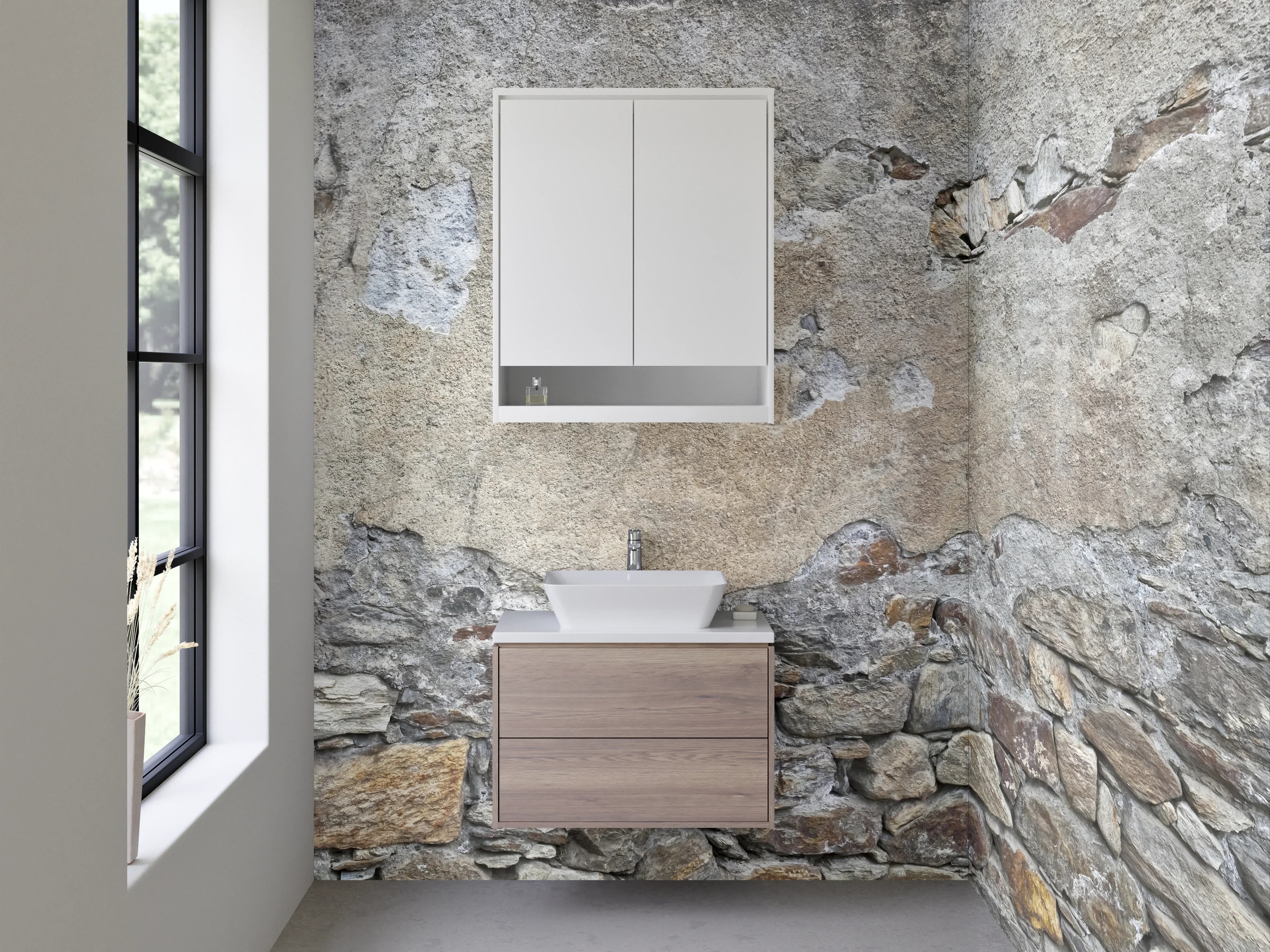 Waschbecken-Rückwand - Rustikale Steinmauer in Grau und Beige