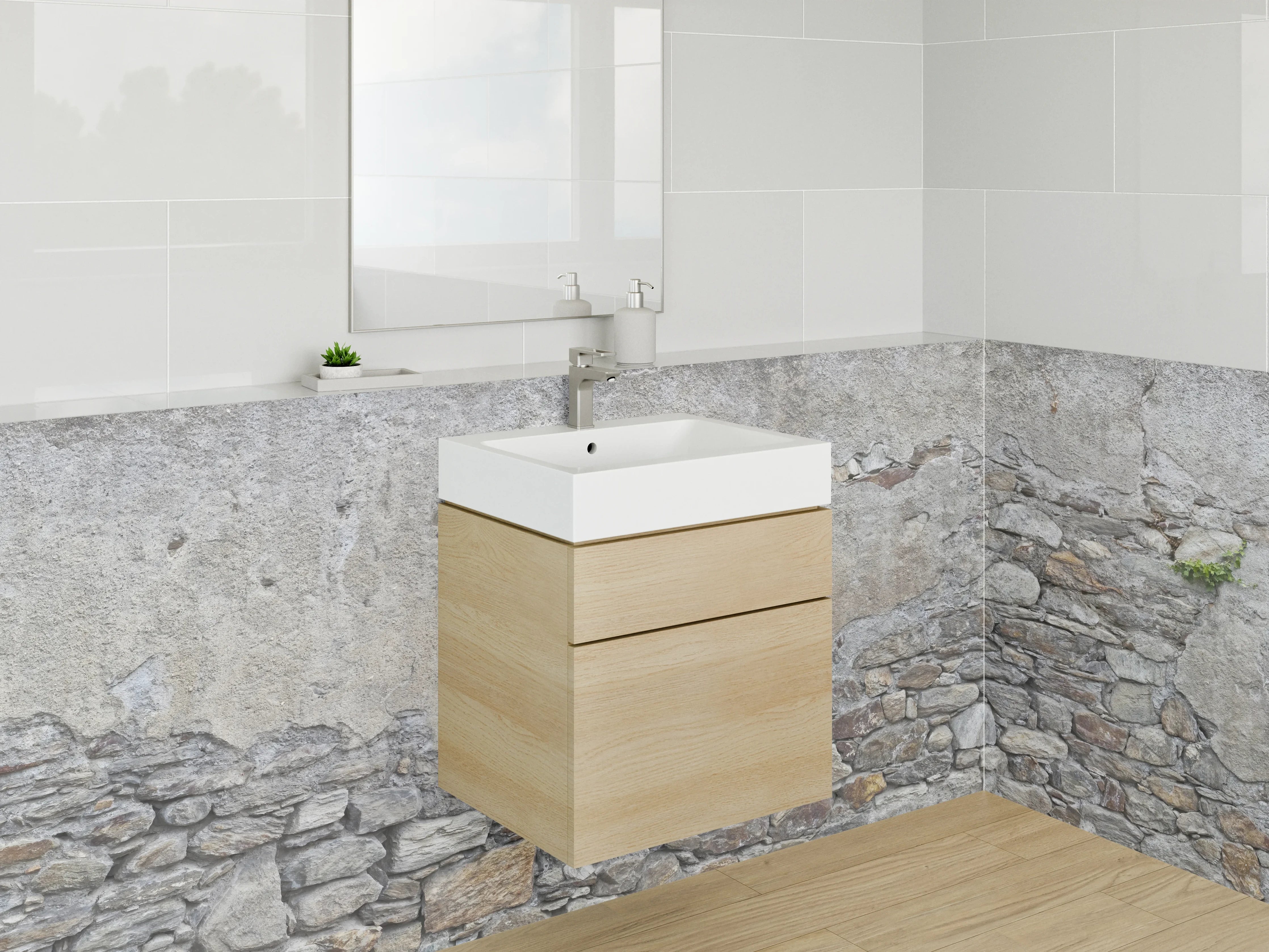 Waschbecken-Rückwand - Rustikale Steinmauer in Grau und Beige