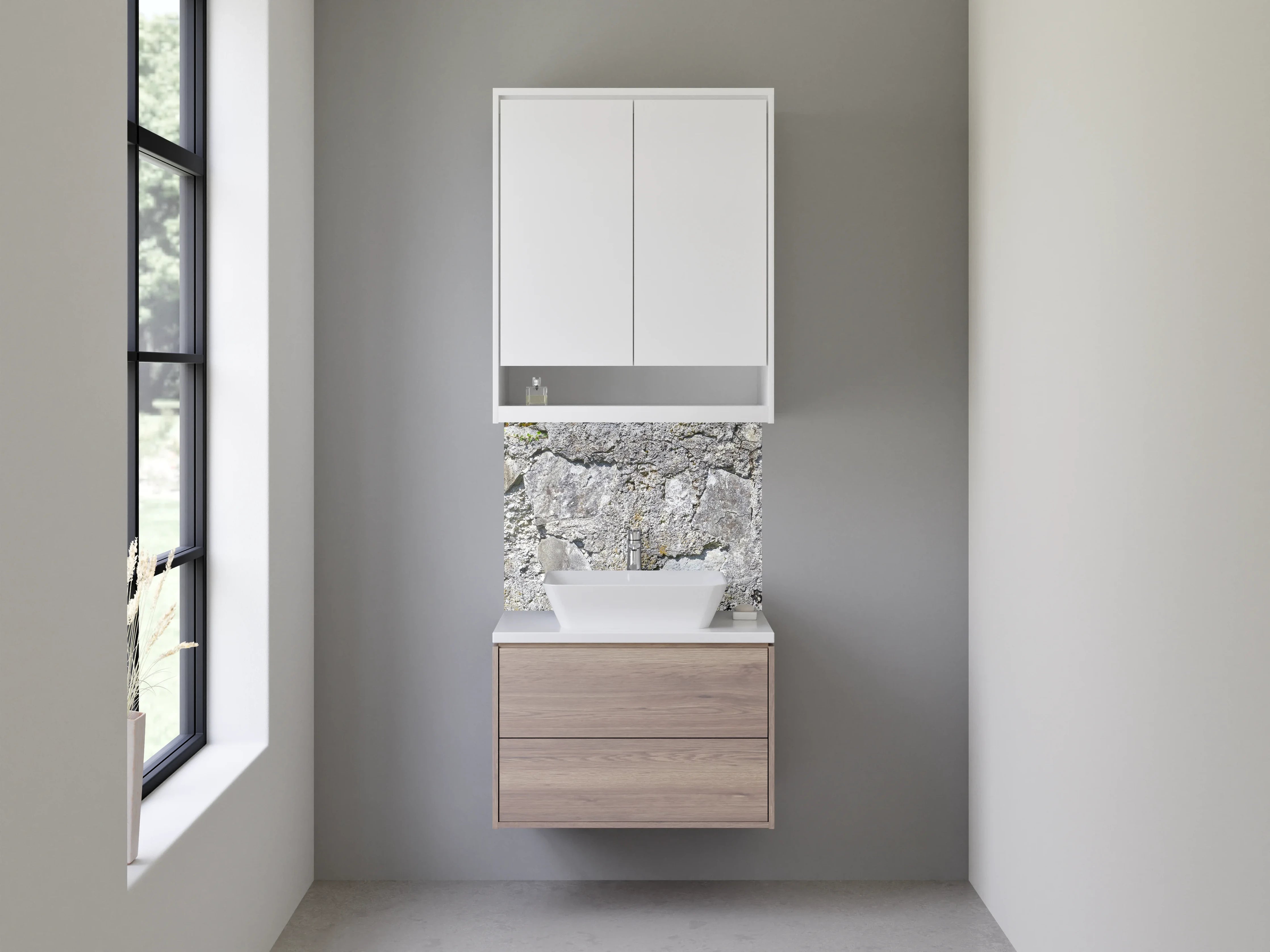 Waschbecken-Rückwand - Rustikale Steinmauer mit grauem Kalkstein