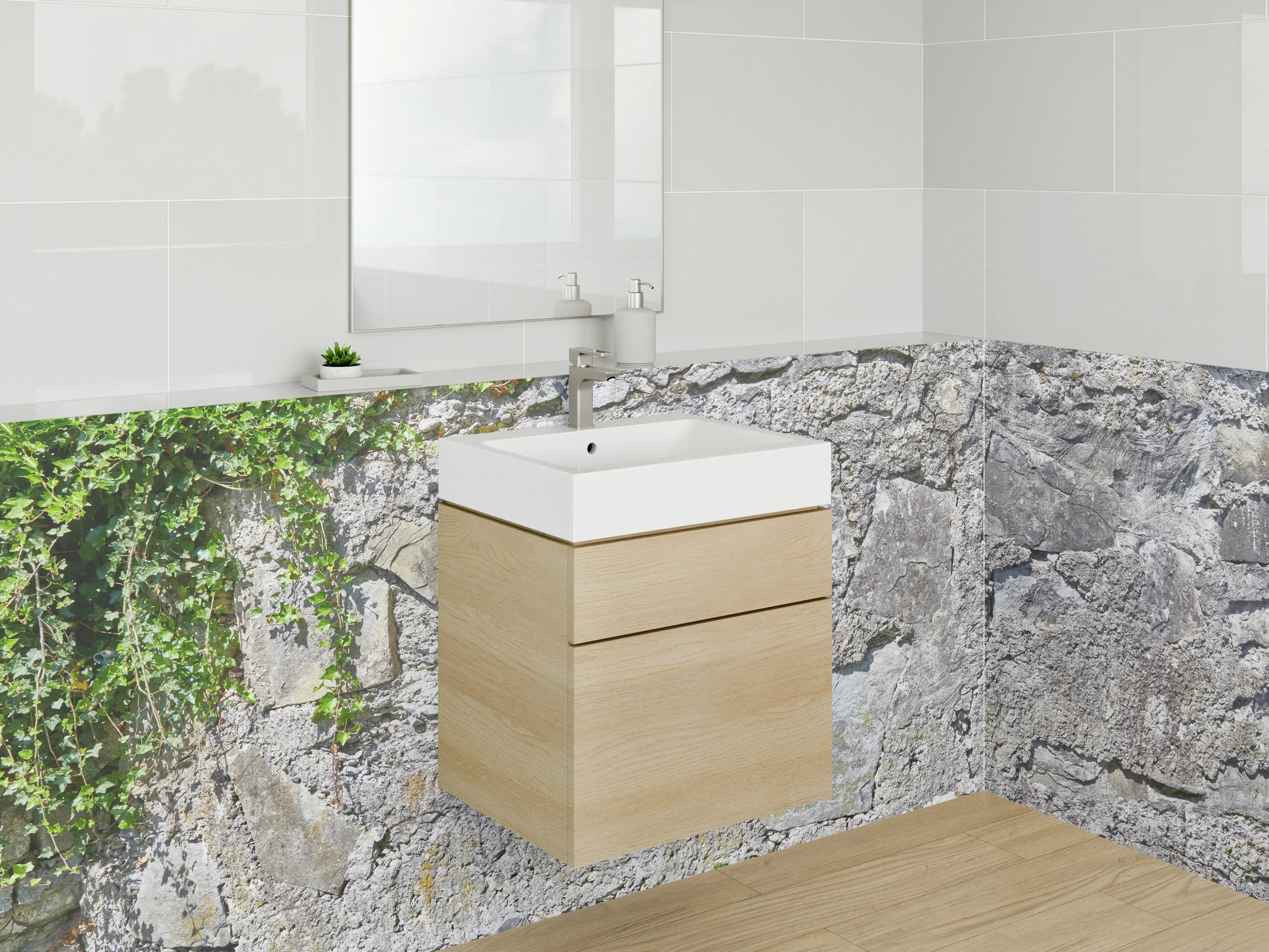 Waschbecken-Rückwand - Rustikale Steinmauer mit grauem Kalkstein