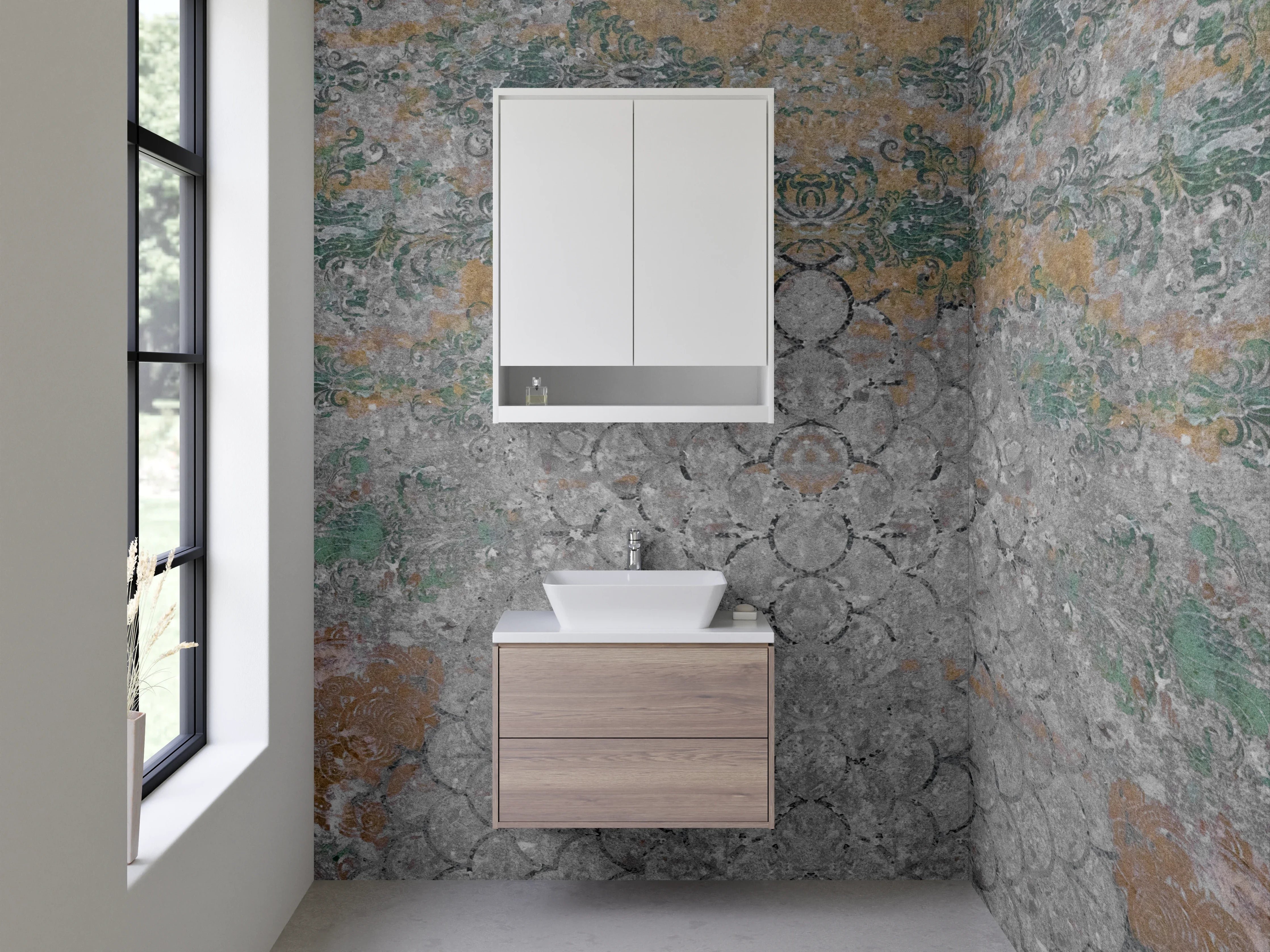 Waschbecken-Rückwand - Rustikale Steinmauer mit warmen Erdtönen