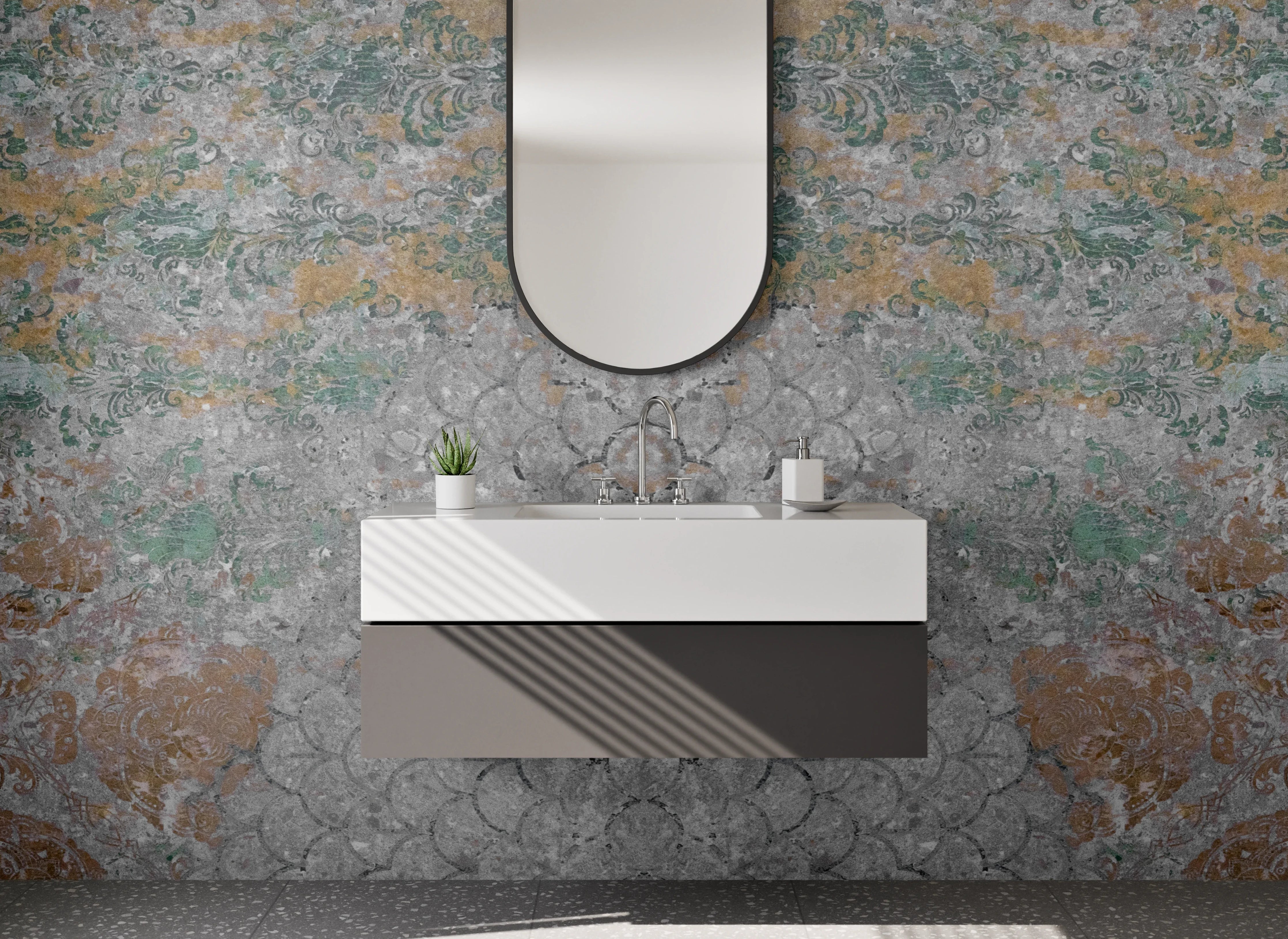 Waschbecken-Rückwand - Rustikale Steinmauer mit warmen Erdtönen