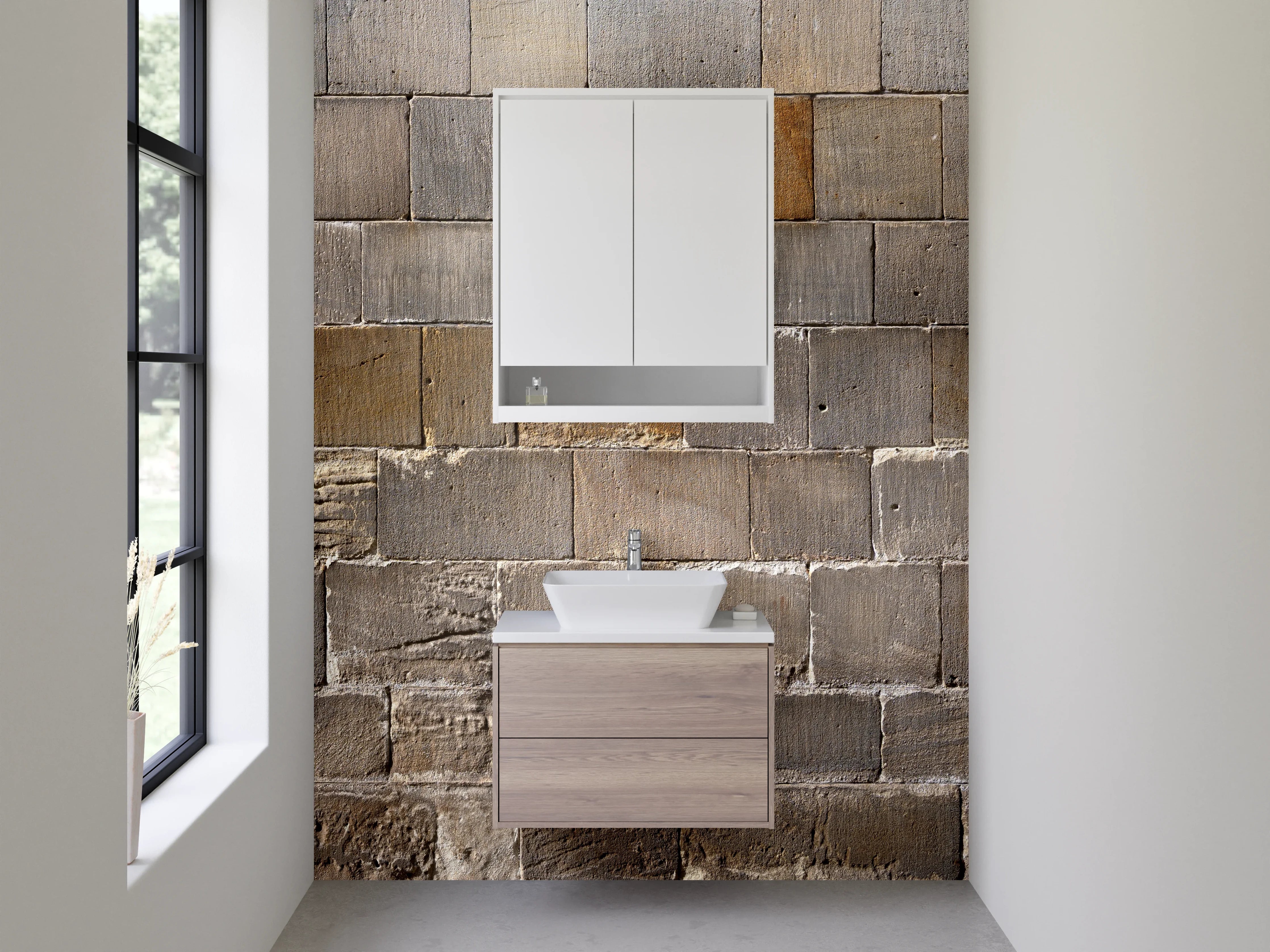 Waschbecken-Rückwand - Rustikale Steinwand Grau Beige
