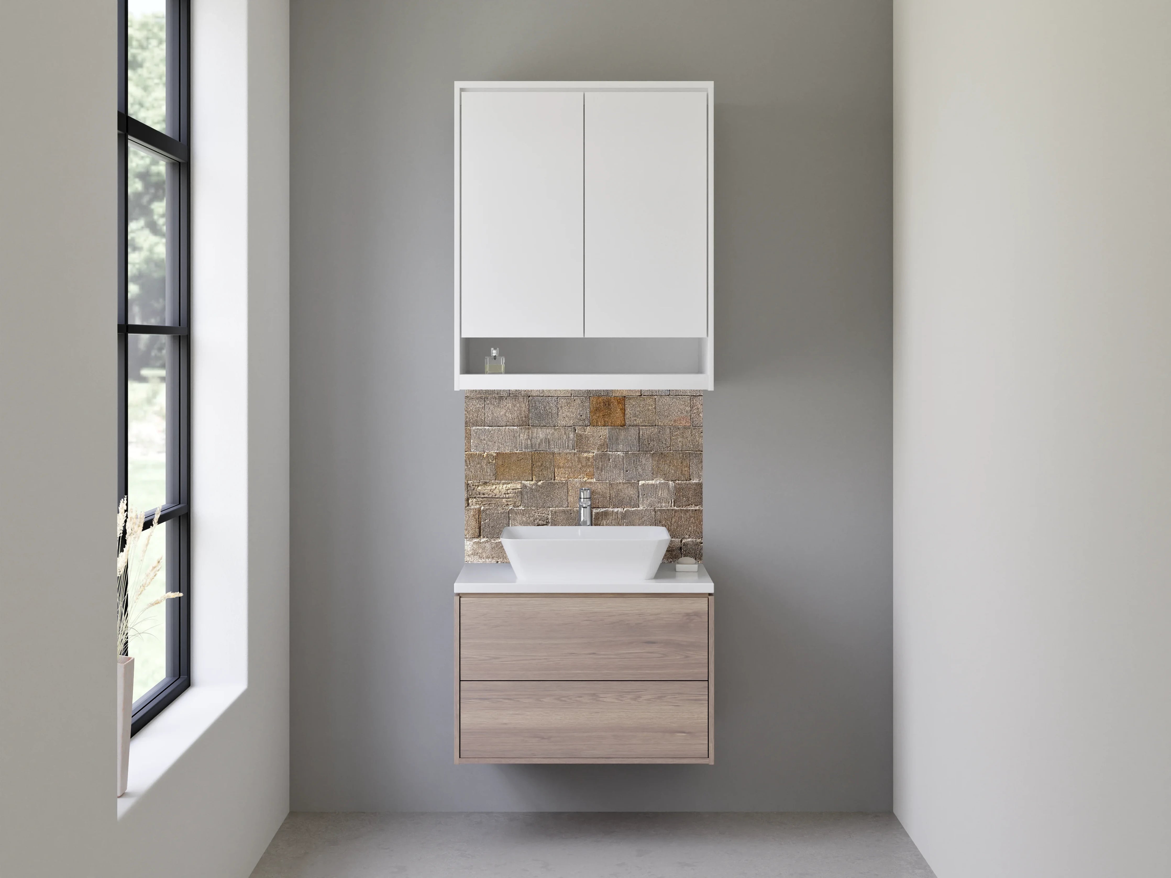 Waschbecken-Rückwand - Rustikale Steinwand Grau Beige