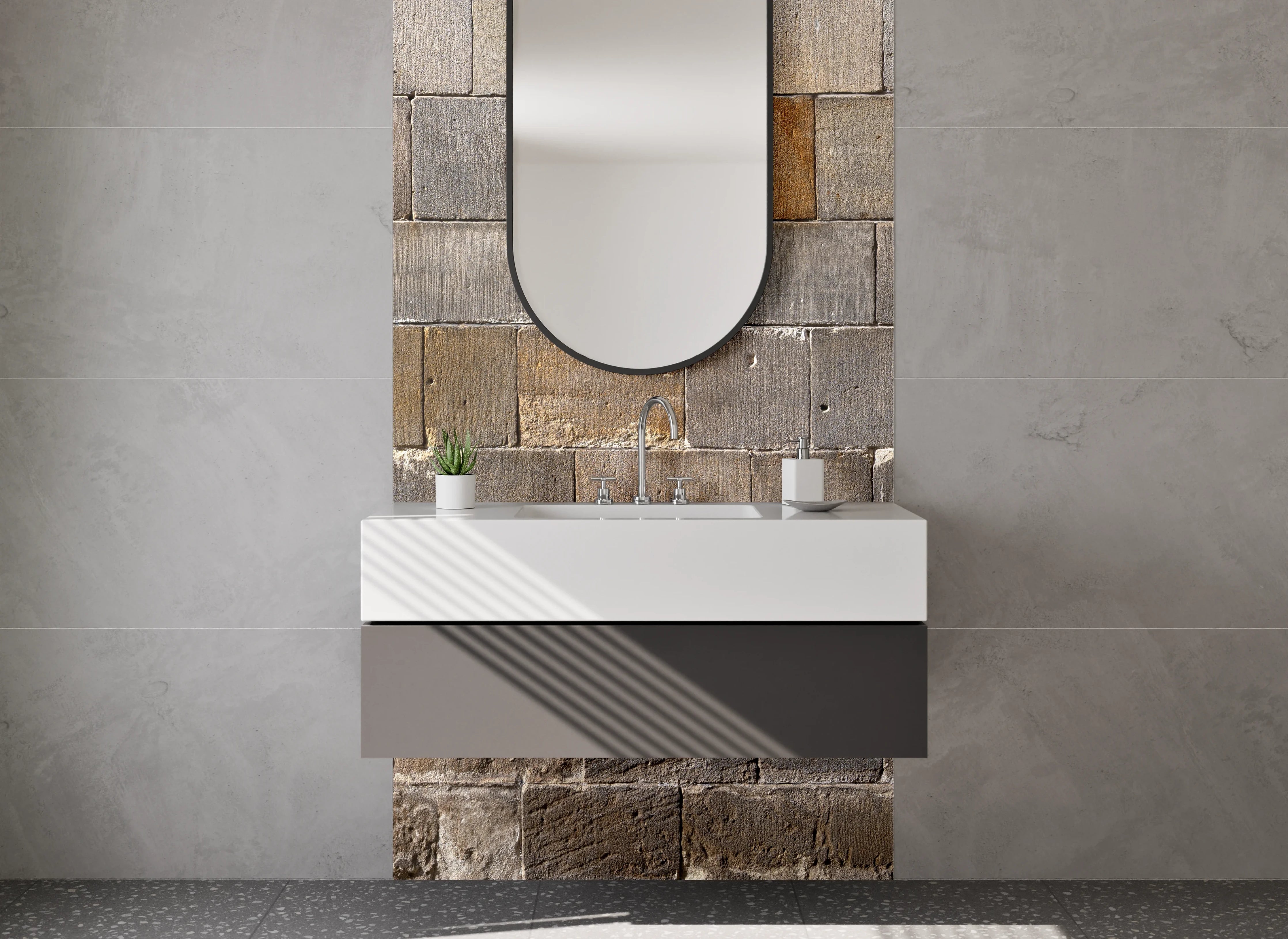 Waschbecken-Rückwand - Rustikale Steinwand Grau Beige