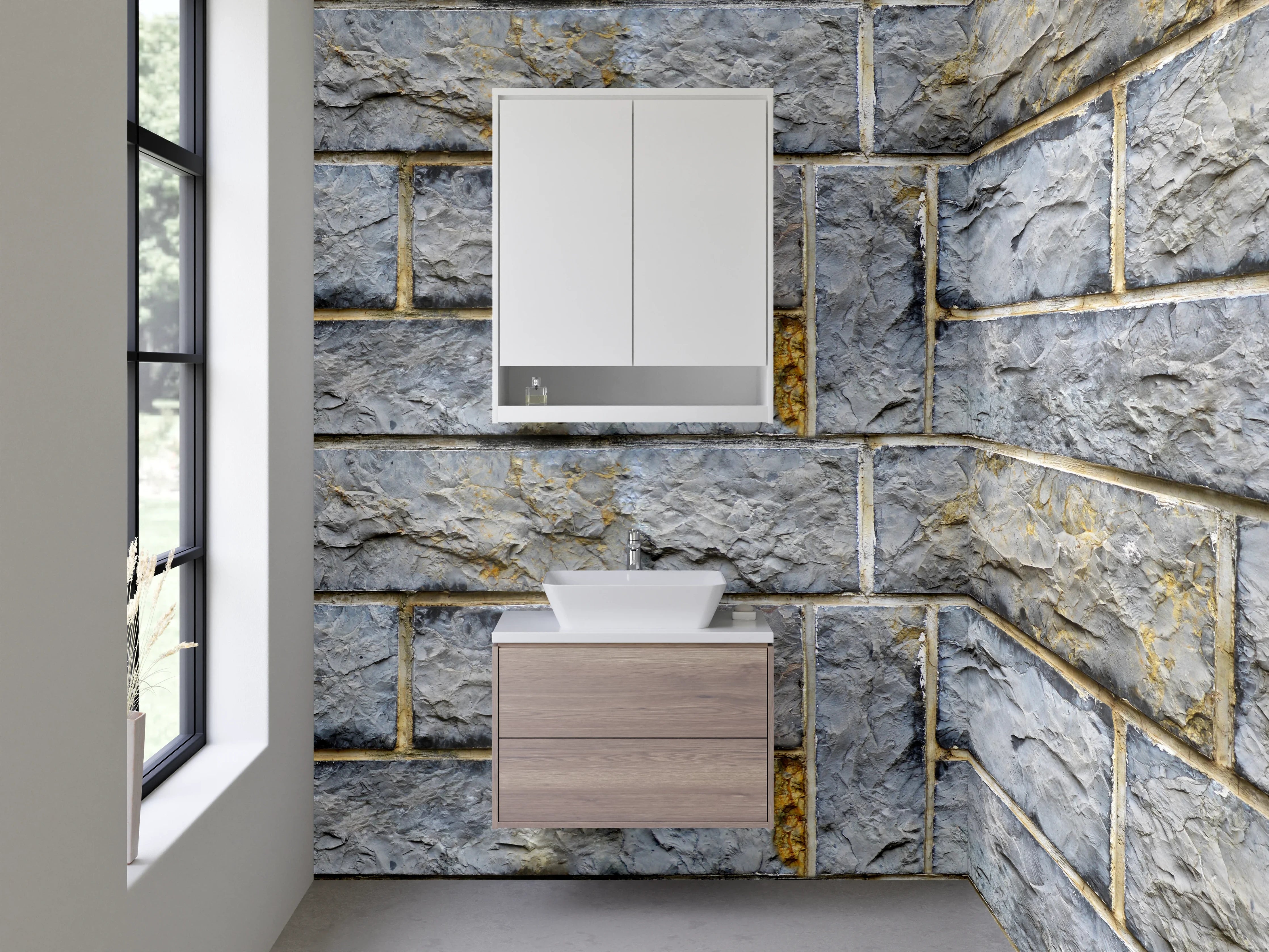 Waschbecken-Rückwand - Rustikale Steinwand in Grau-Blau