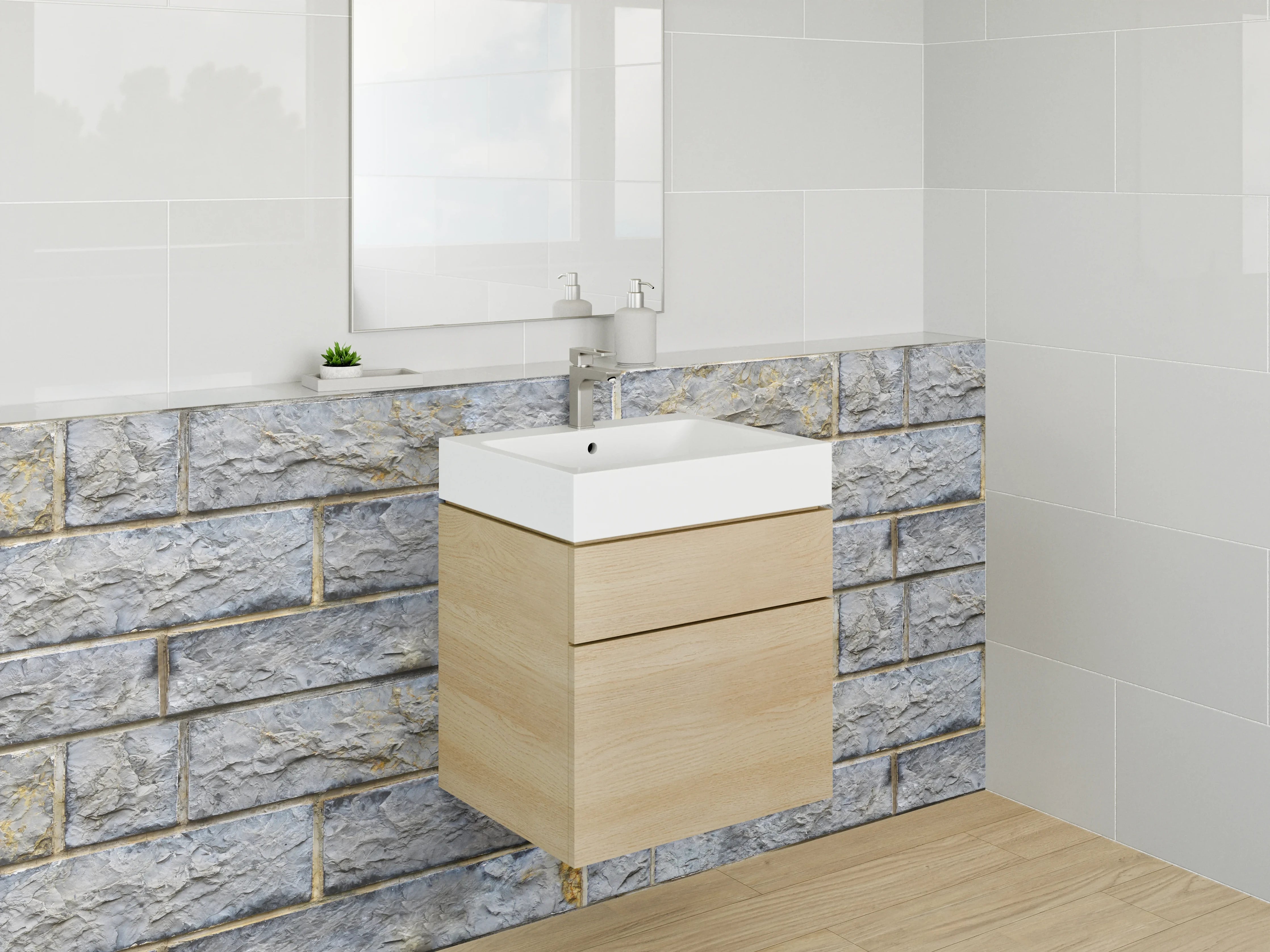 Waschbecken-Rückwand - Rustikale Steinwand in Grau-Blau