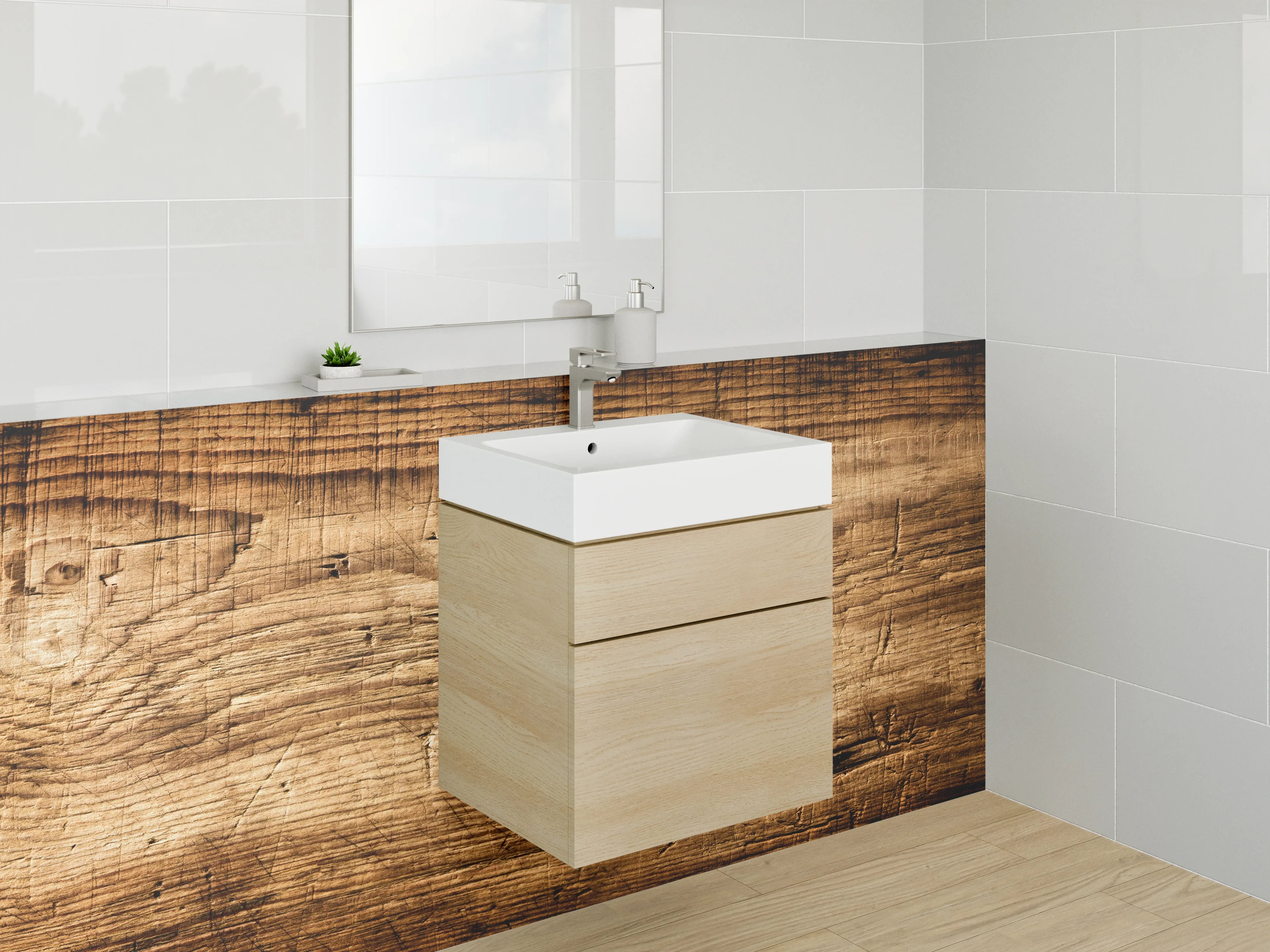 Waschbecken-Rückwand - Rustikale Wandpaneele Grau-Weiß Holzdekor