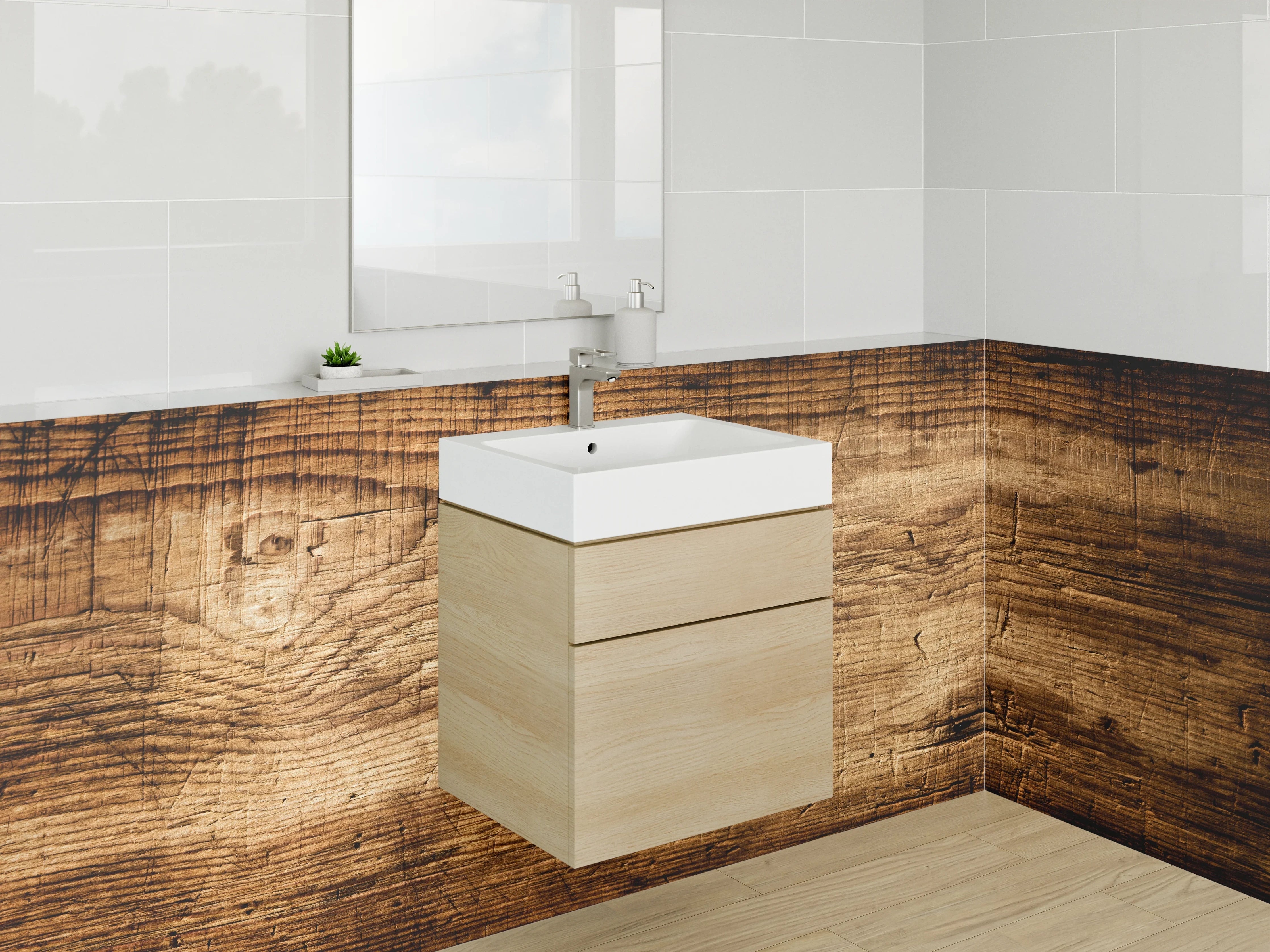 Waschbecken-Rückwand - Rustikale Wandpaneele Grau-Weiß Holzdekor
