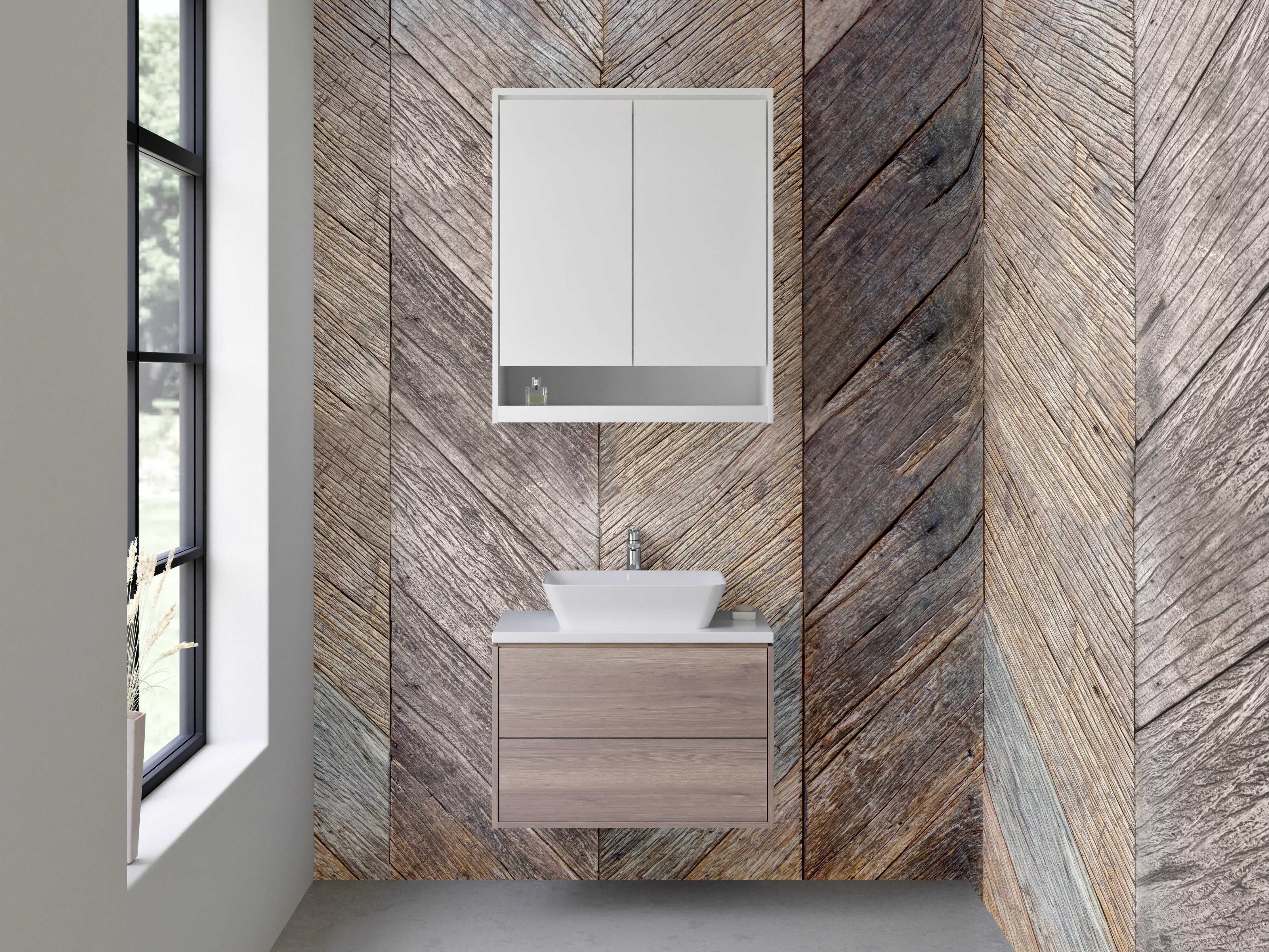 Waschbecken-Rückwand - Rustikaler Holzboden mit Herringbone-Muster