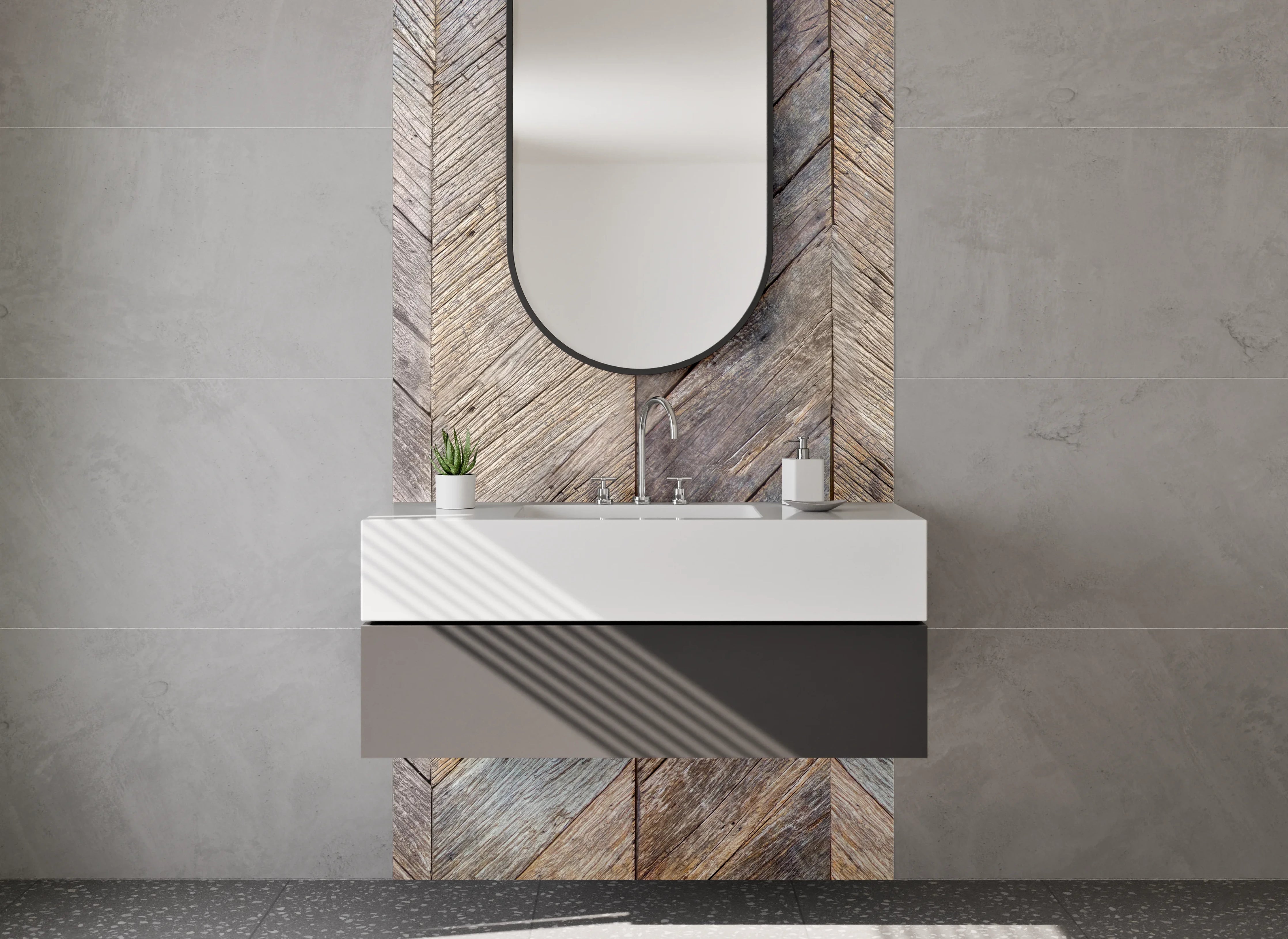 Waschbecken-Rückwand - Rustikaler Holzboden mit Herringbone-Muster