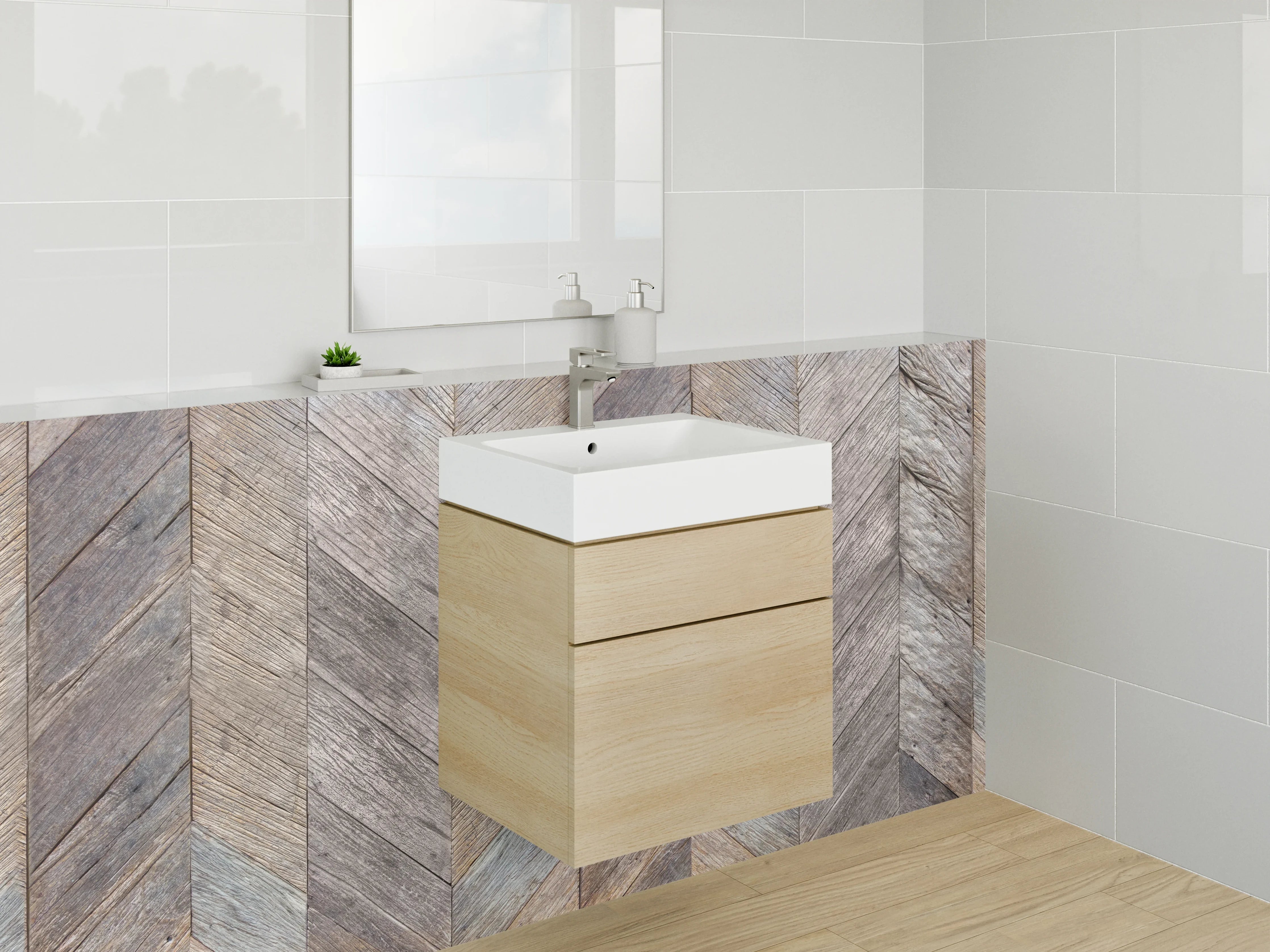 Waschbecken-Rückwand - Rustikaler Holzboden mit Herringbone-Muster
