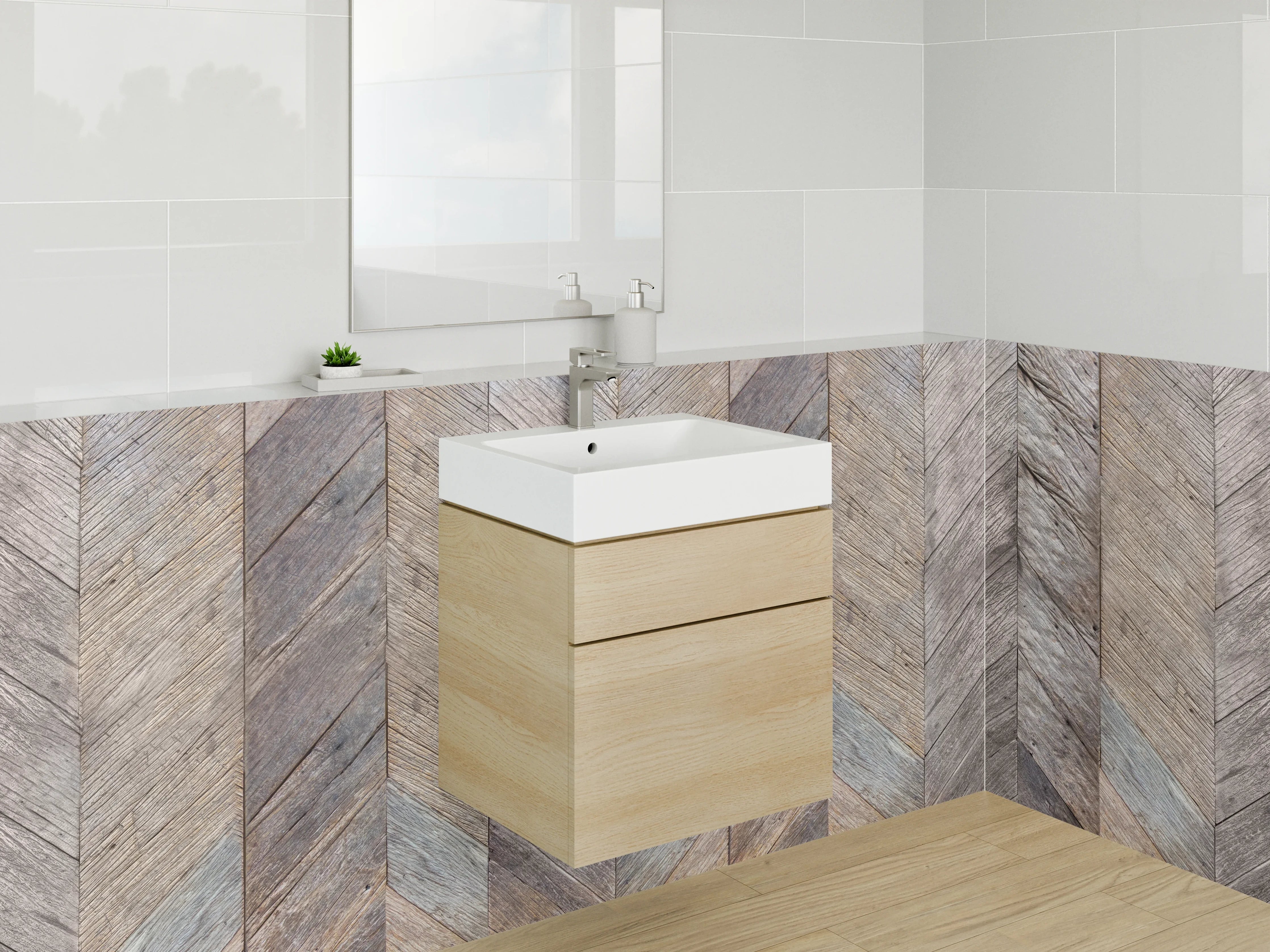 Waschbecken-Rückwand - Rustikaler Holzboden mit Herringbone-Muster