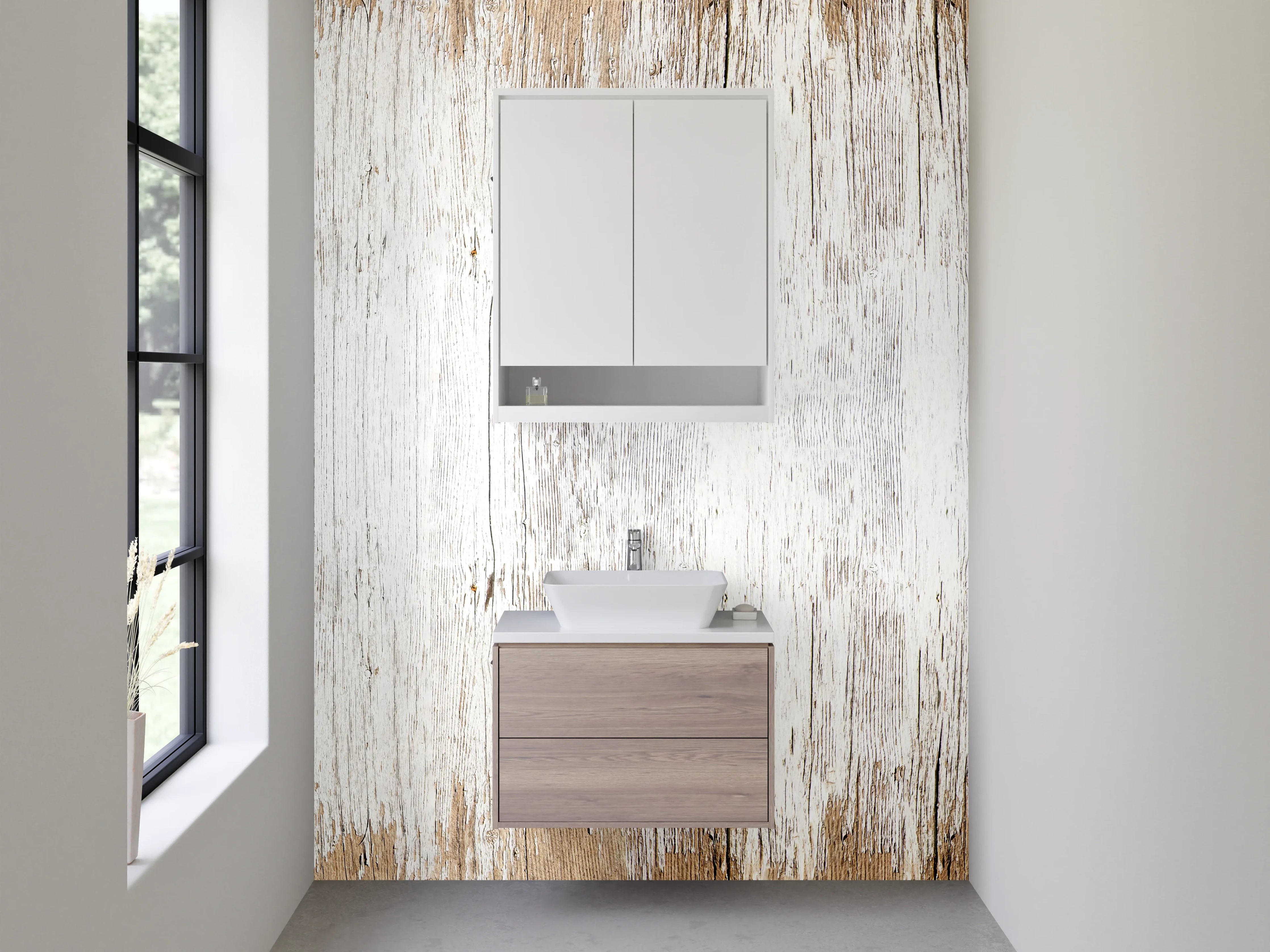 Waschbecken-Rückwand - Rustikales Weiß-Braun Holz-Design