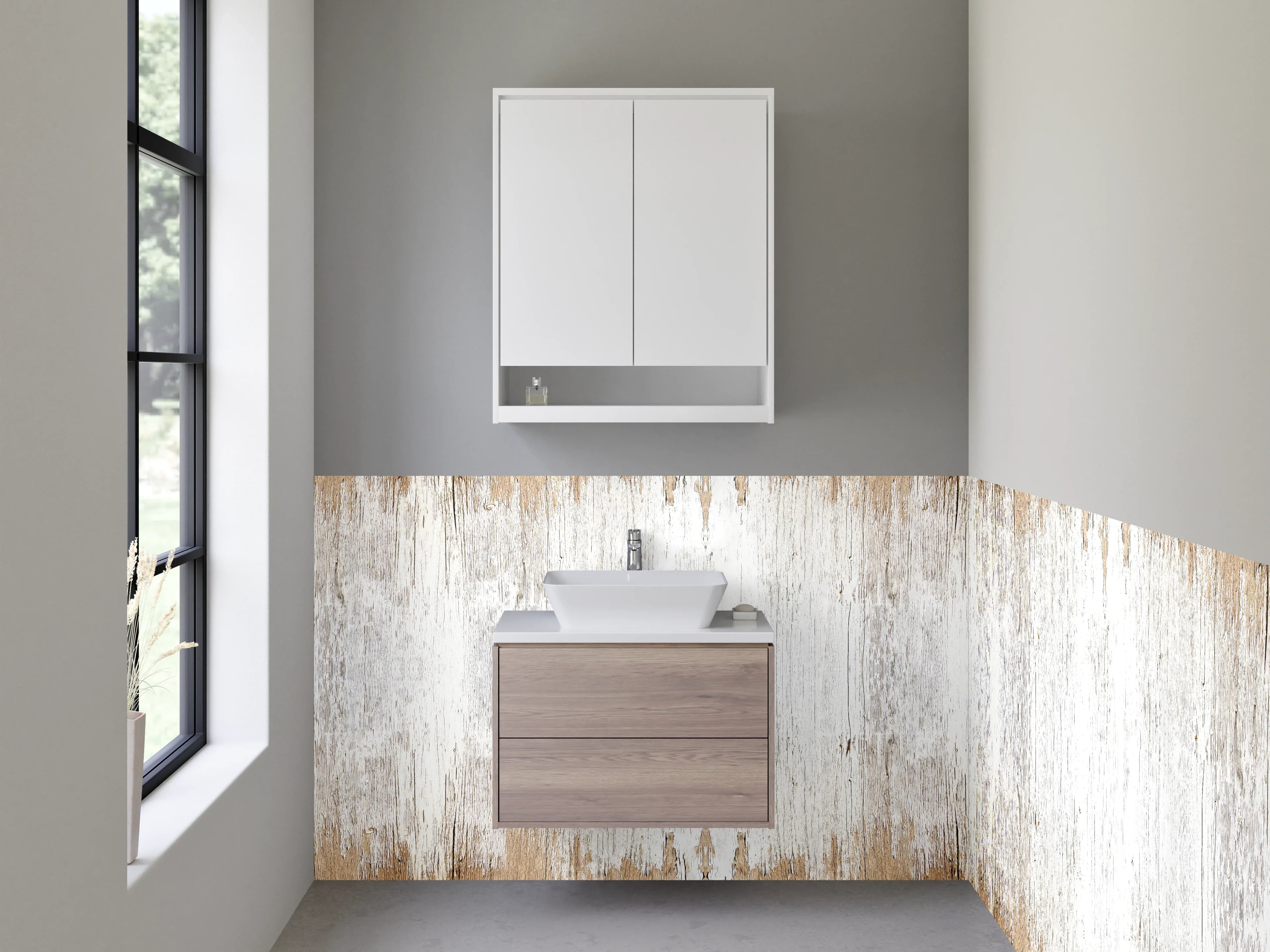 Waschbecken-Rückwand - Rustikales Weiß-Braun Holz-Design