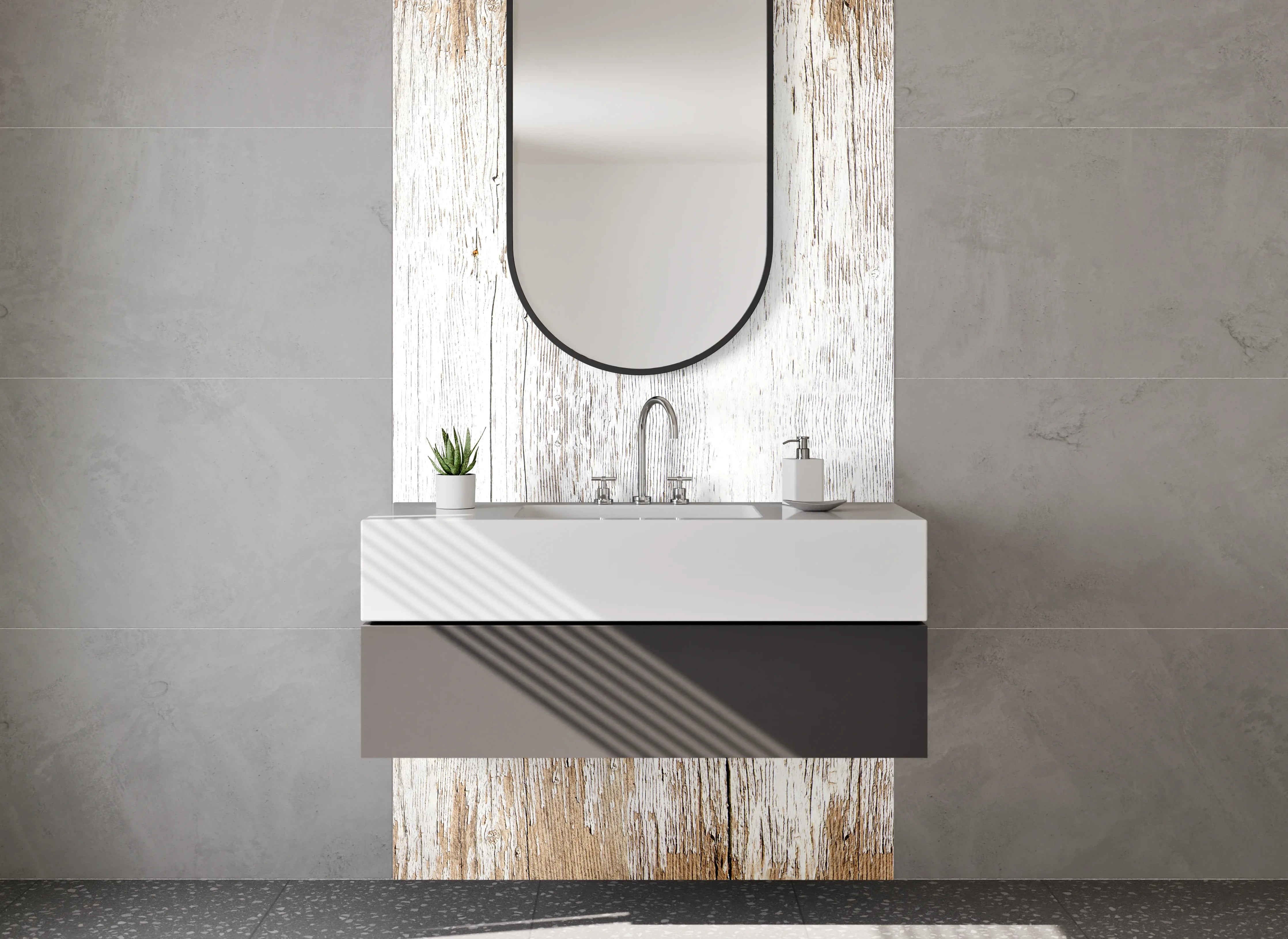Waschbecken-Rückwand - Rustikales Weiß-Braun Holz-Design
