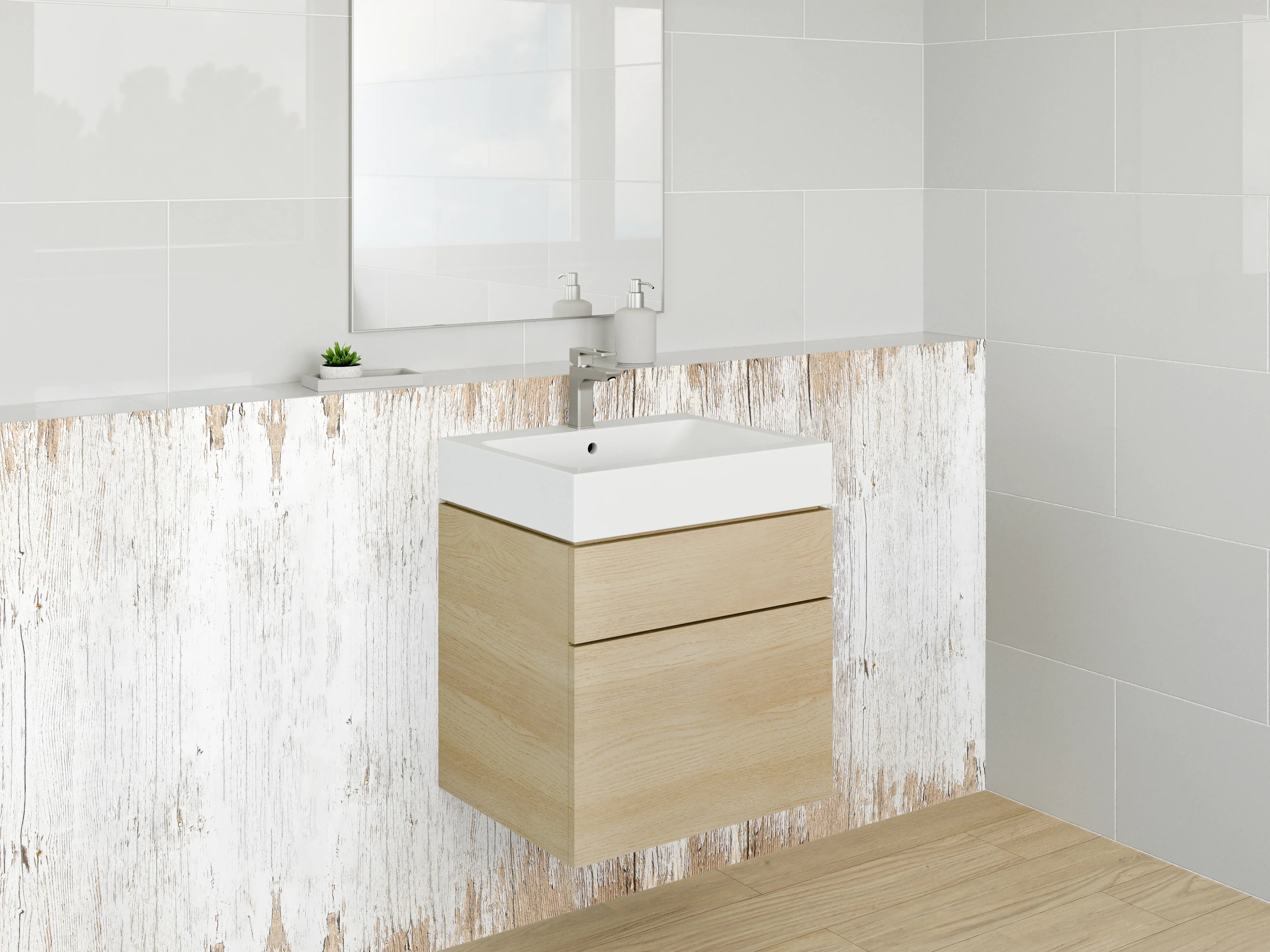 Waschbecken-Rückwand - Rustikales Weiß-Braun Holz-Design