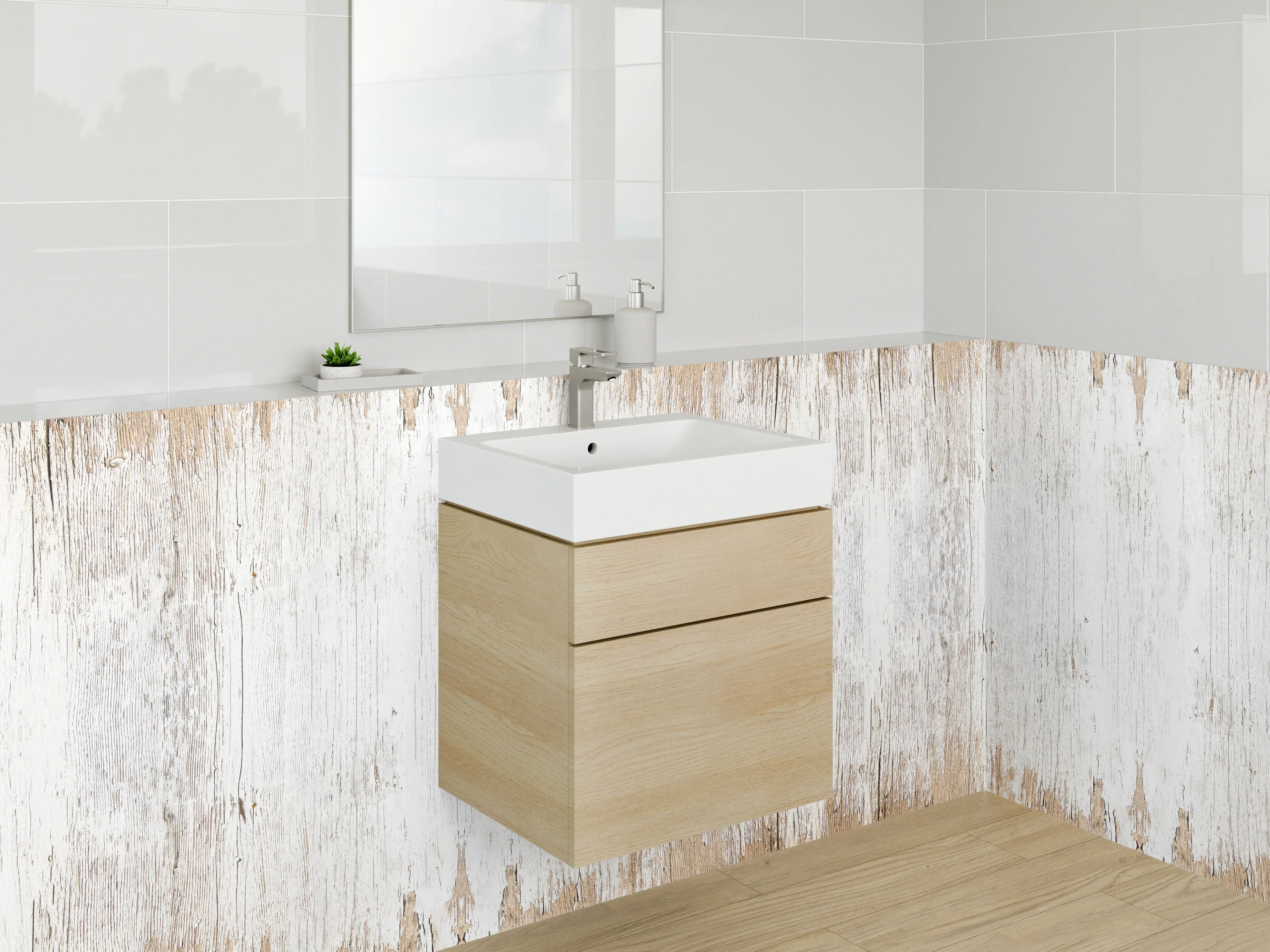 Waschbecken-Rückwand - Rustikales Weiß-Braun Holz-Design