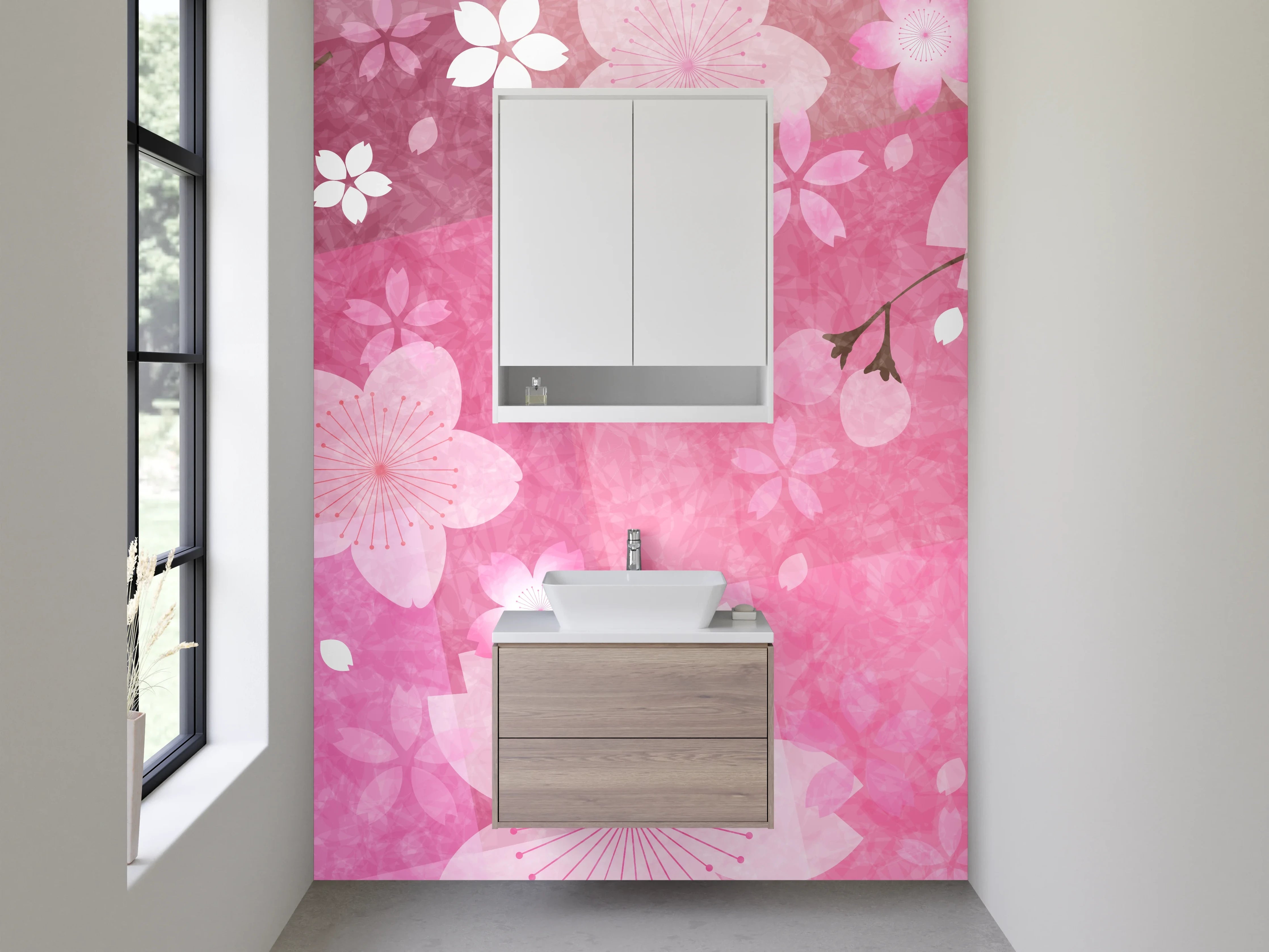 Waschbecken-Rückwand - Sakura Kirschblüten Aquarell Muster