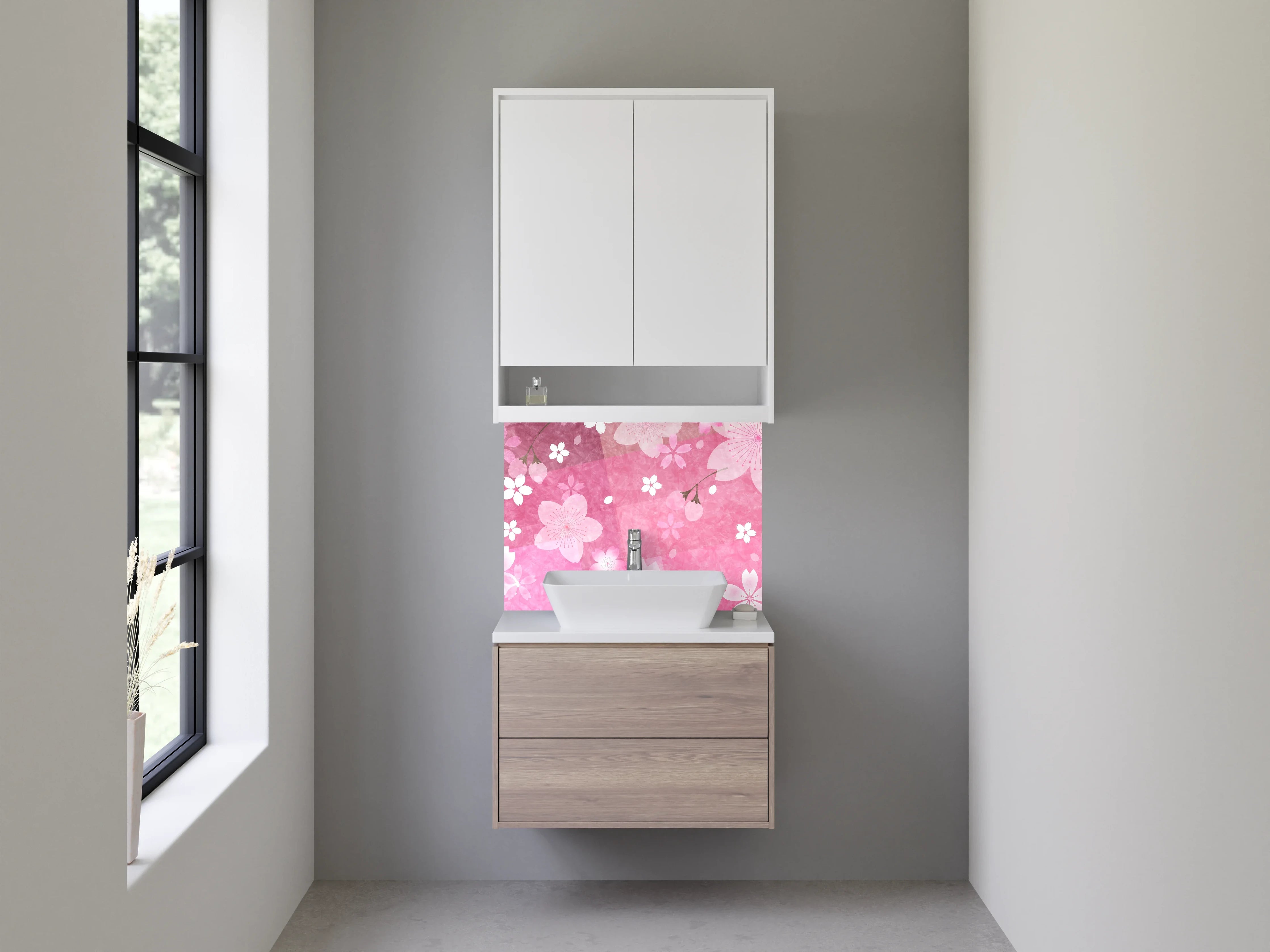 Waschbecken-Rückwand - Sakura Kirschblüten Aquarell Muster
