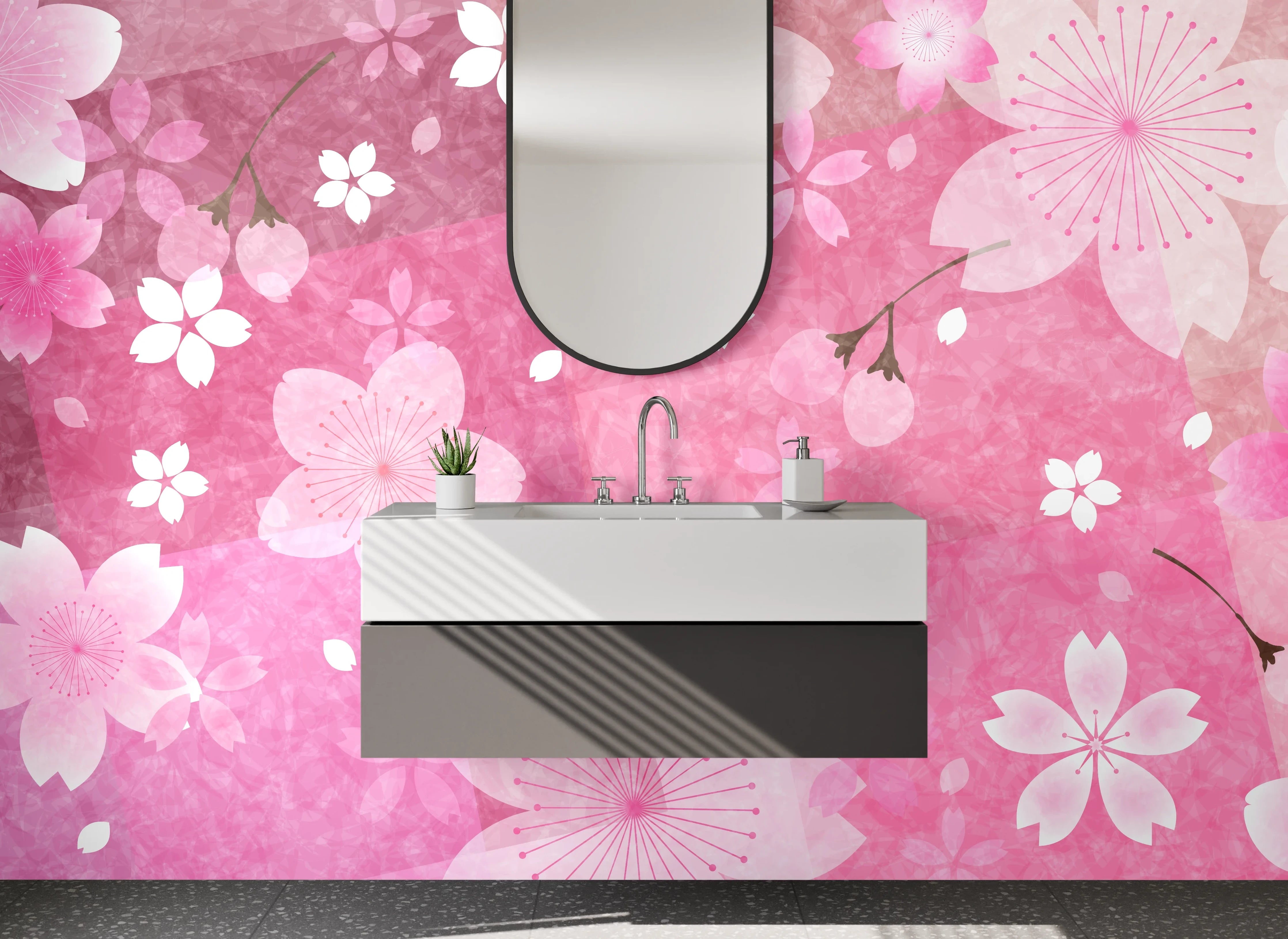 Waschbecken-Rückwand - Sakura Kirschblüten Aquarell Muster