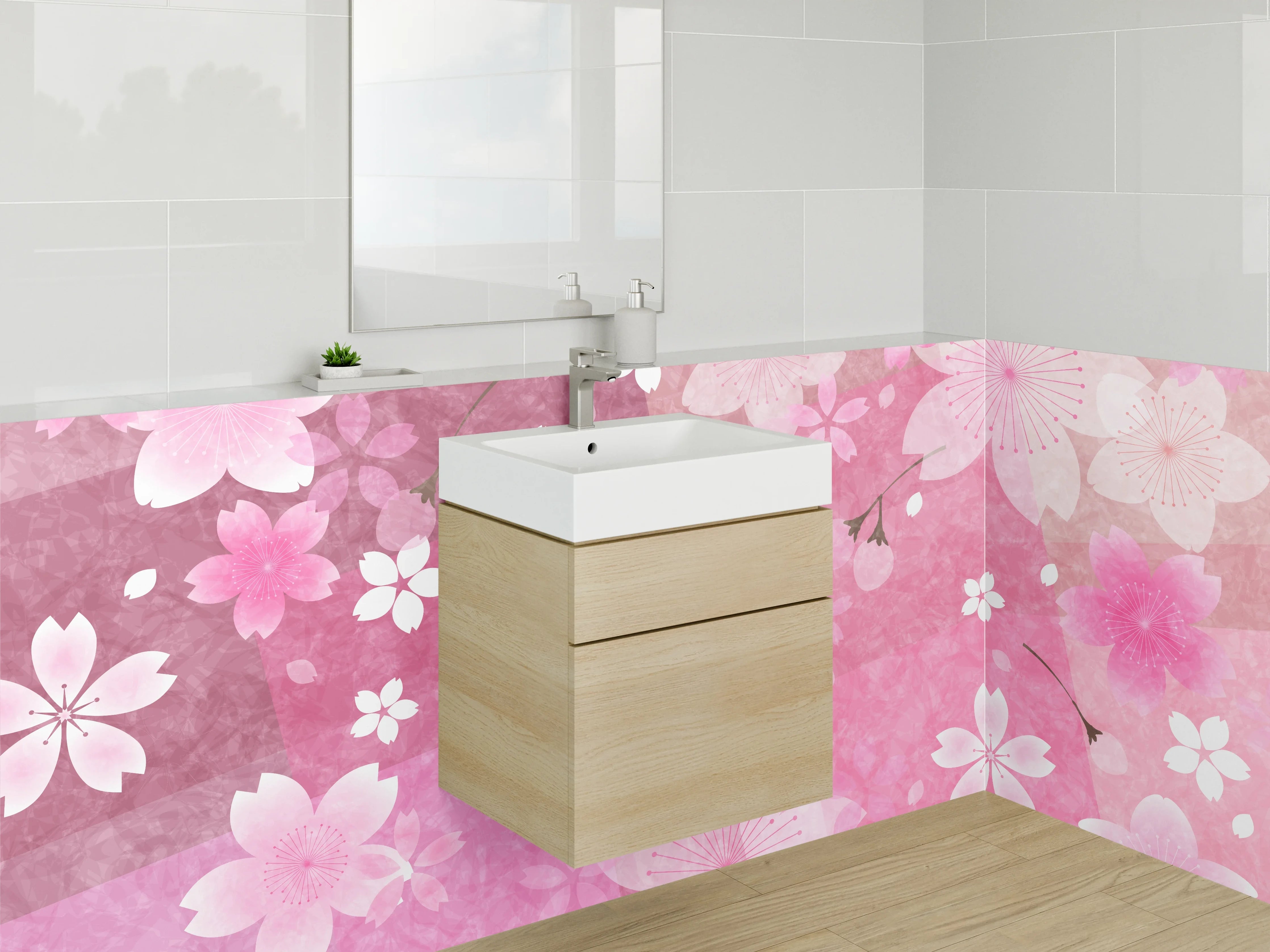 Waschbecken-Rückwand - Sakura Kirschblüten Aquarell Muster