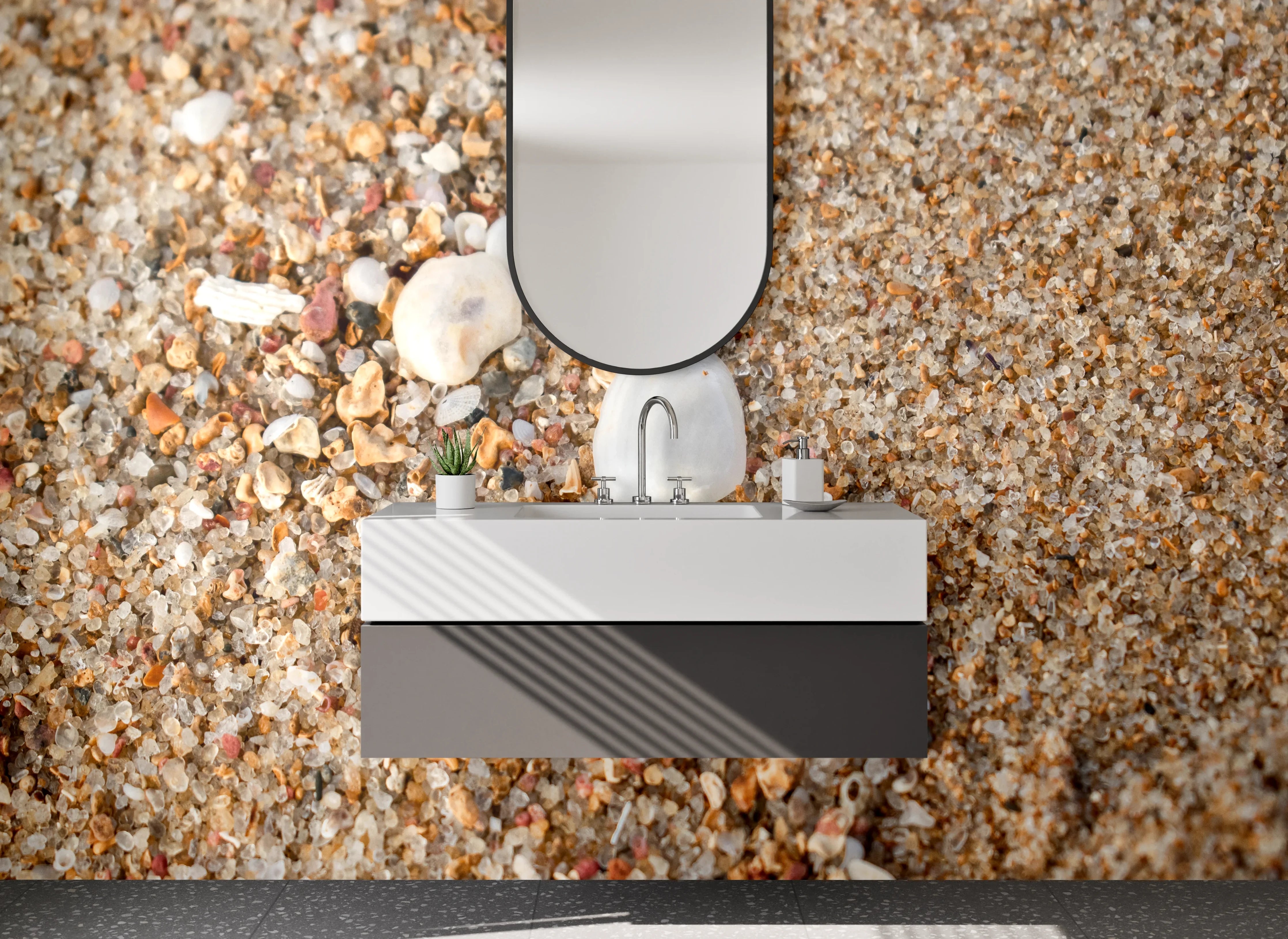 Waschbecken-Rückwand - Sand mit Muscheln und Kieselsteinen