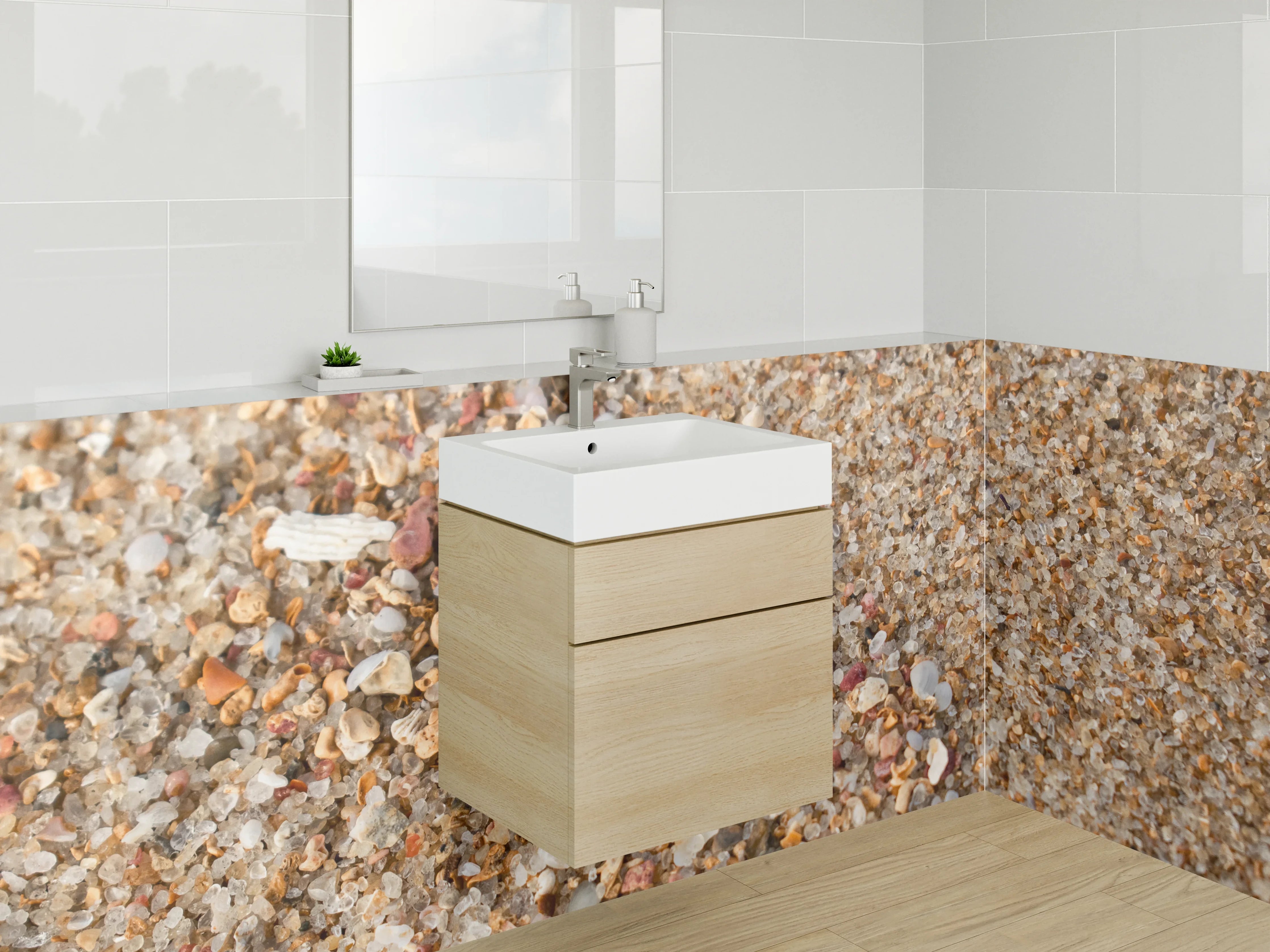 Waschbecken-Rückwand - Sand mit Muscheln und Kieselsteinen