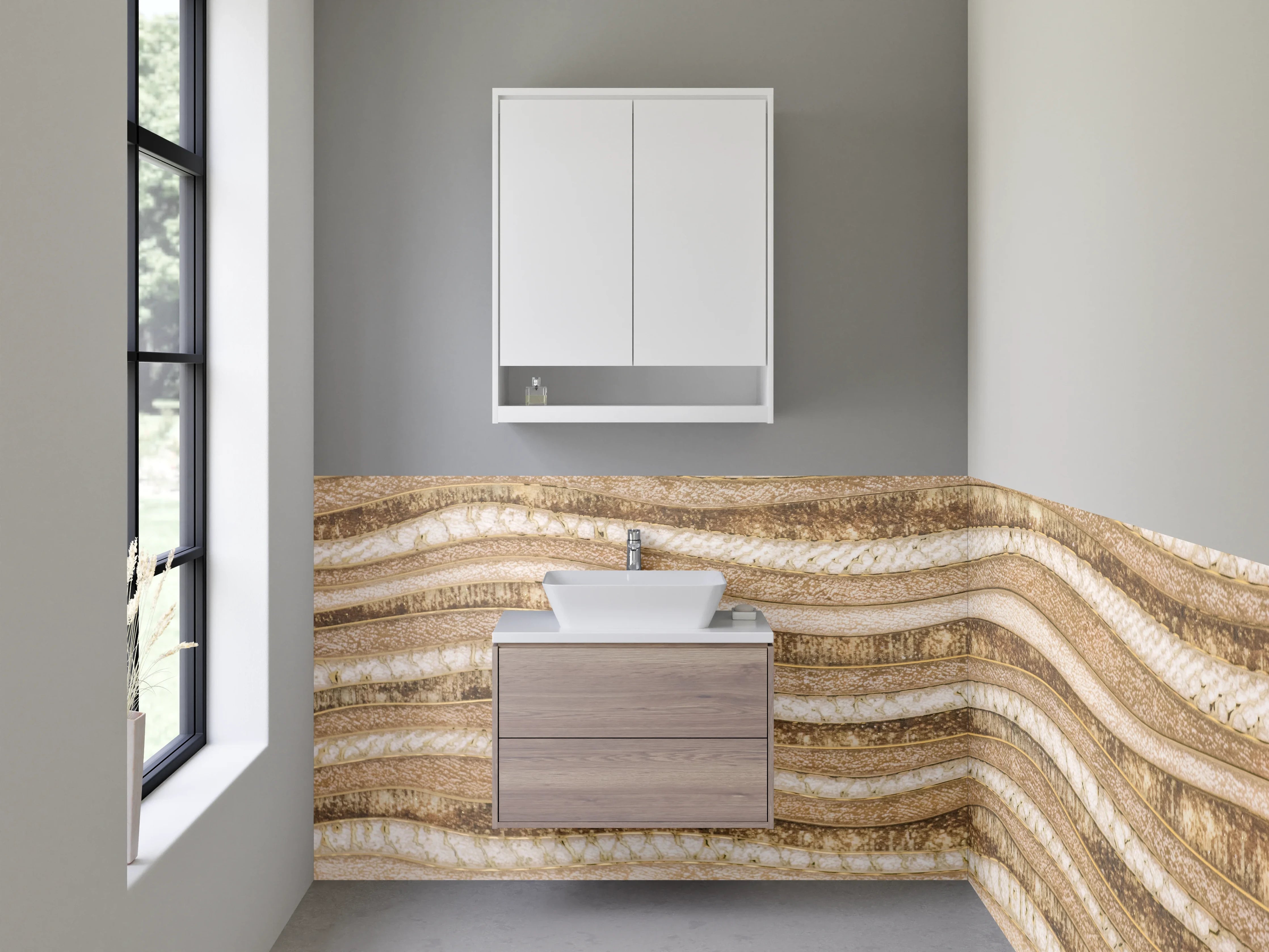 Waschbecken-Rückwand - Sandfarbene Wellenstruktur Steinoptik