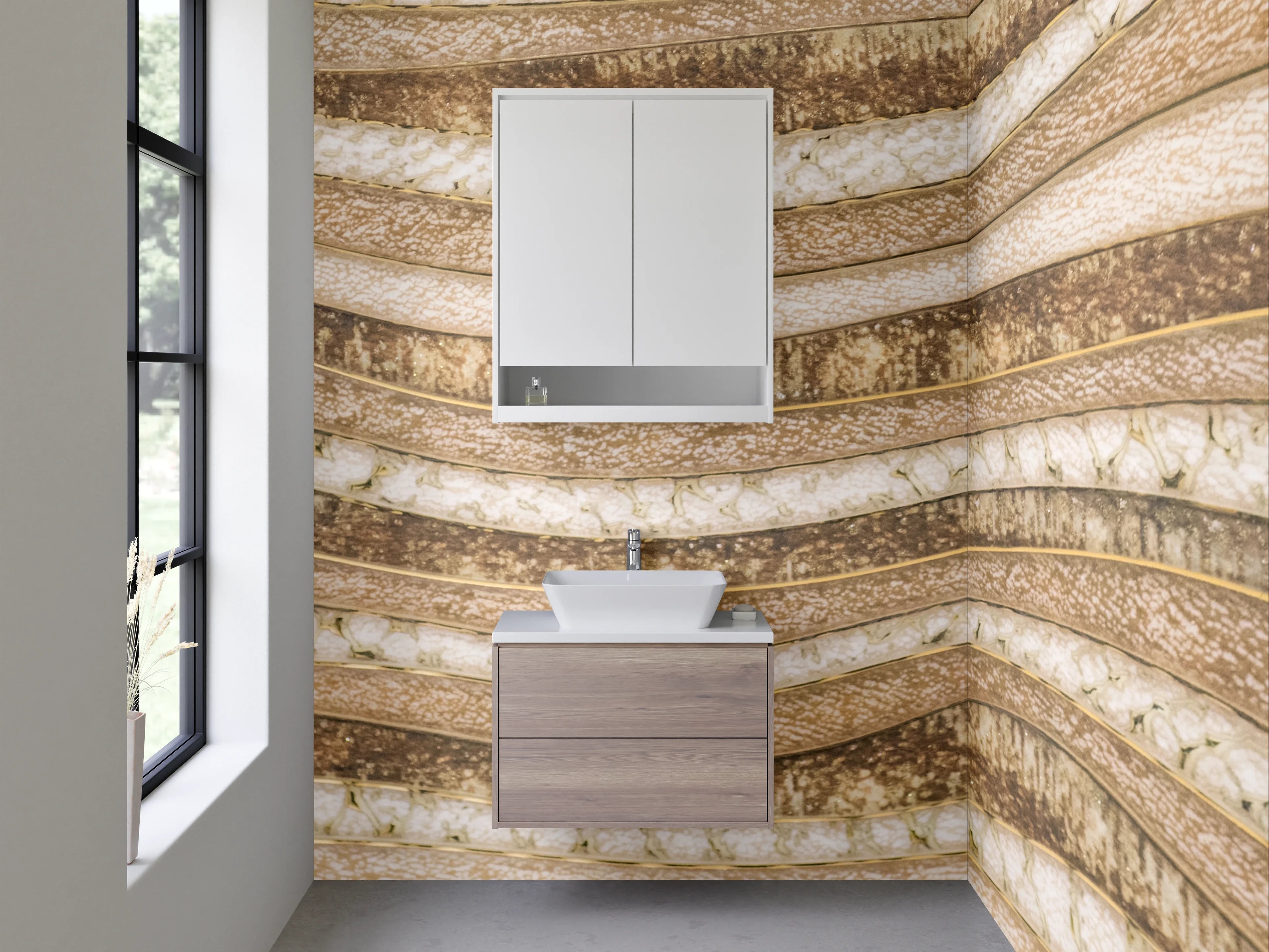 Waschbecken-Rückwand - Sandfarbene Wellenstruktur Steinoptik