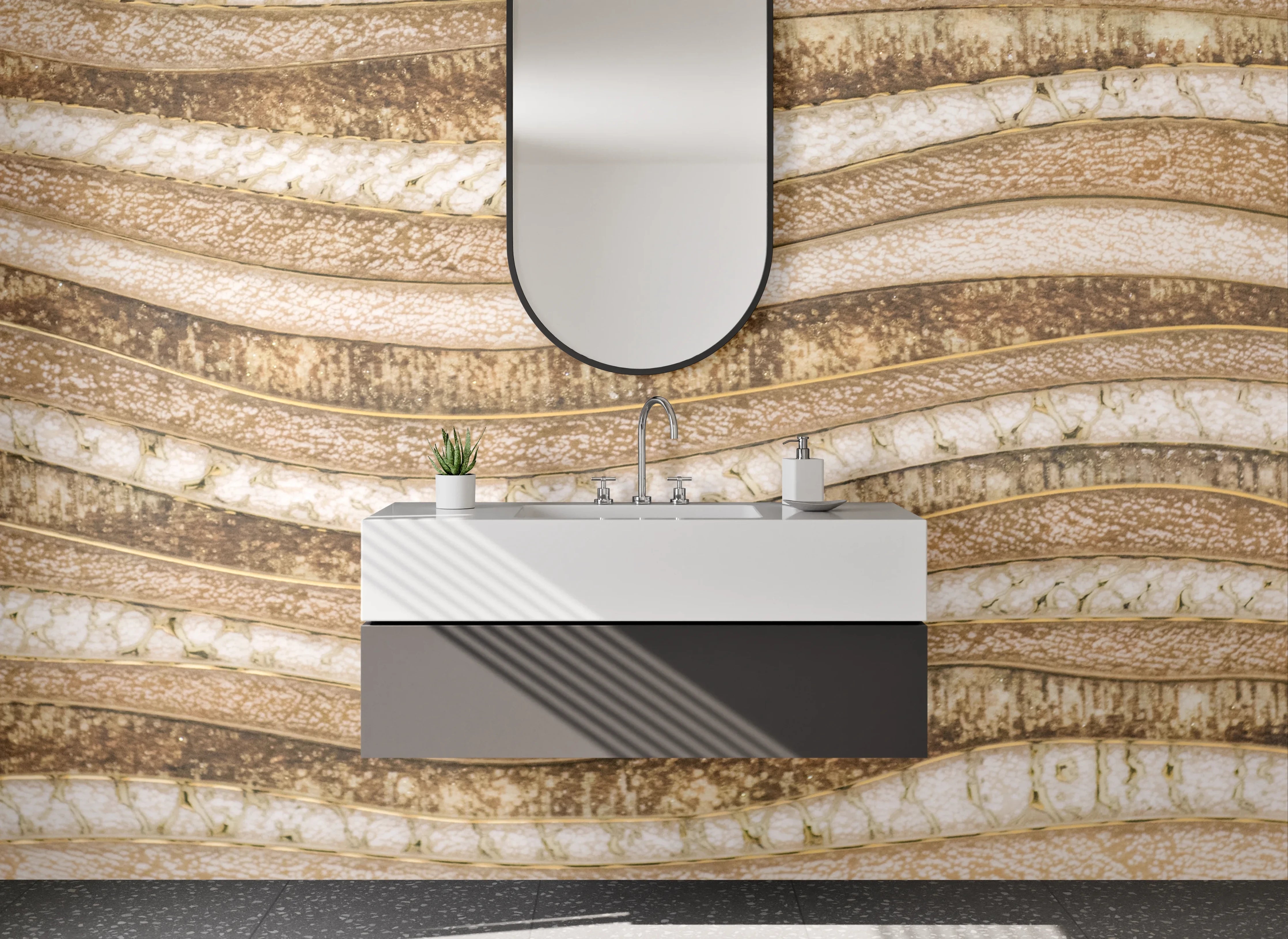 Waschbecken-Rückwand - Sandfarbene Wellenstruktur Steinoptik