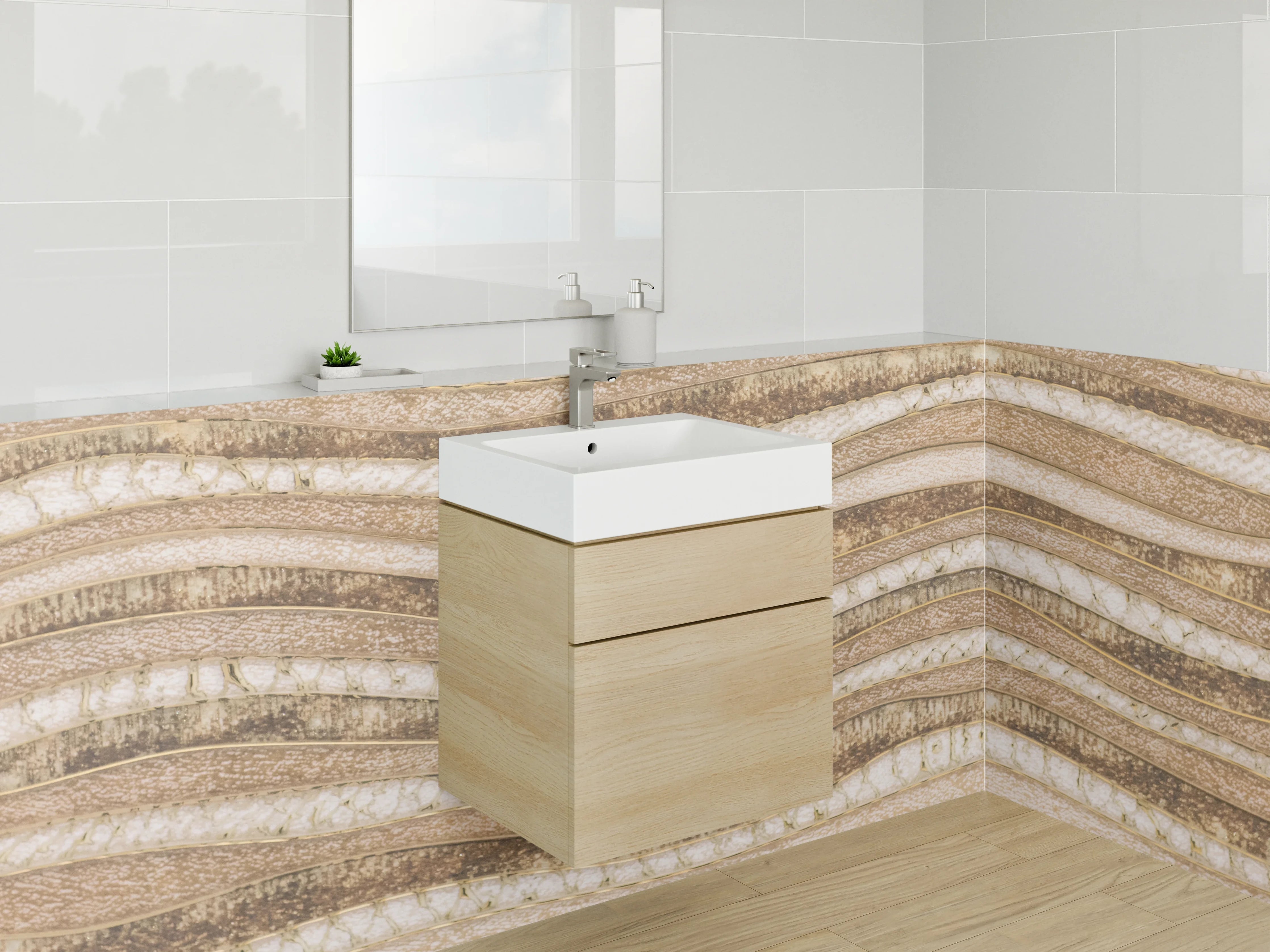 Waschbecken-Rückwand - Sandfarbene Wellenstruktur Steinoptik