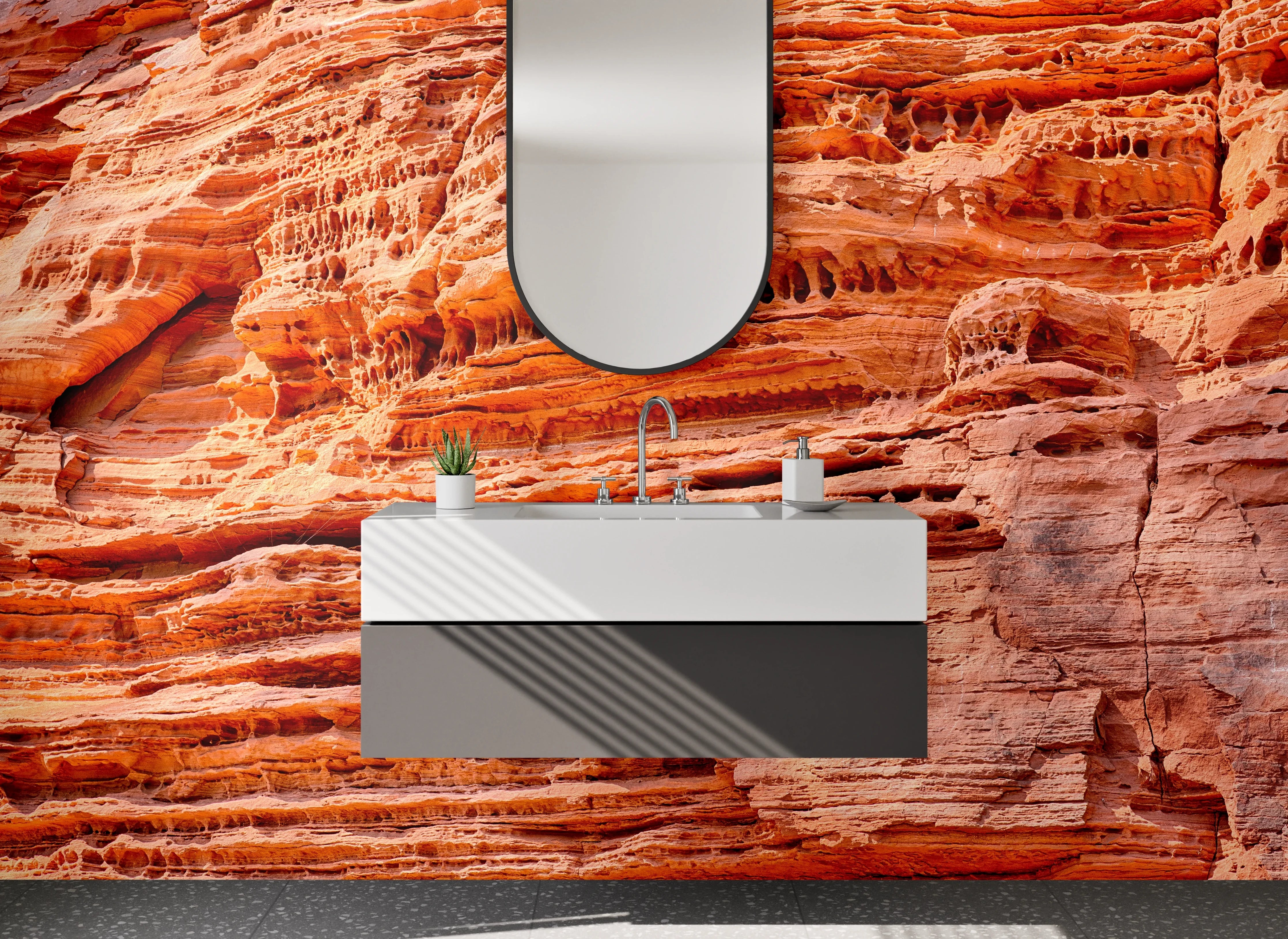 Waschbecken-Rückwand - Sandsteinstruktur in Orange und Rot