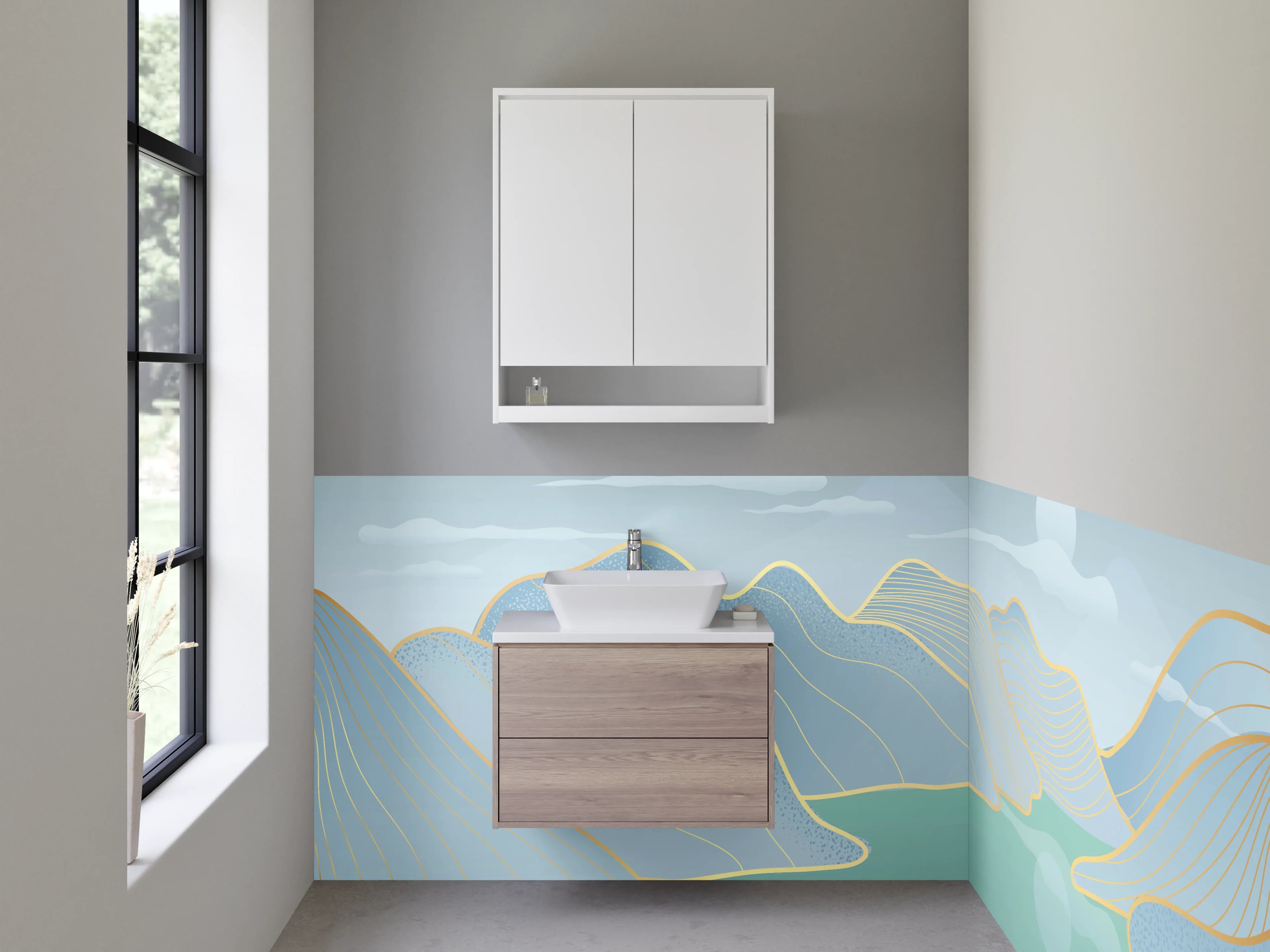 Waschbecken-Rückwand - Sanfte Berg- und Flusslandschaft