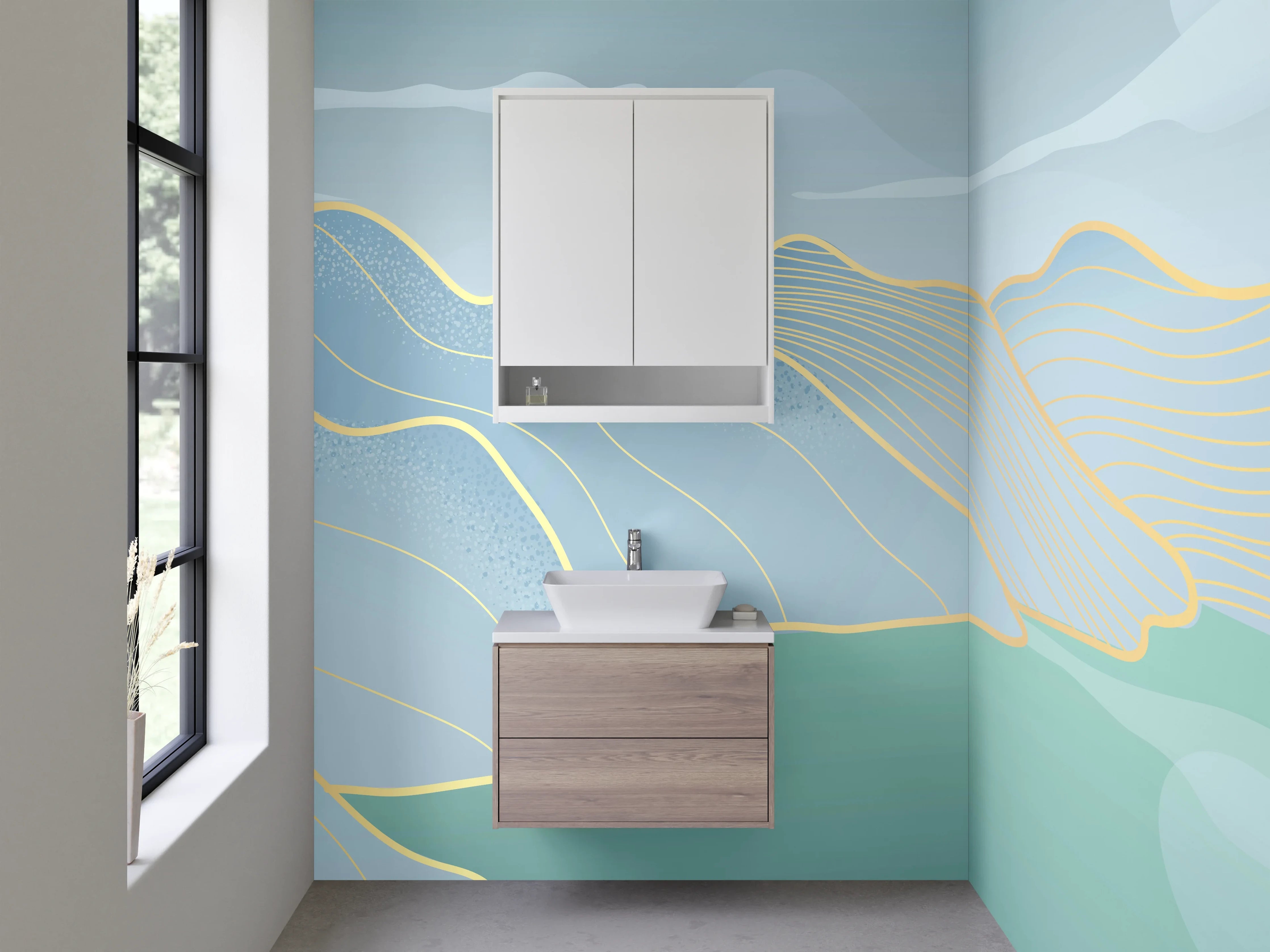 Waschbecken-Rückwand - Sanfte Berg- und Flusslandschaft