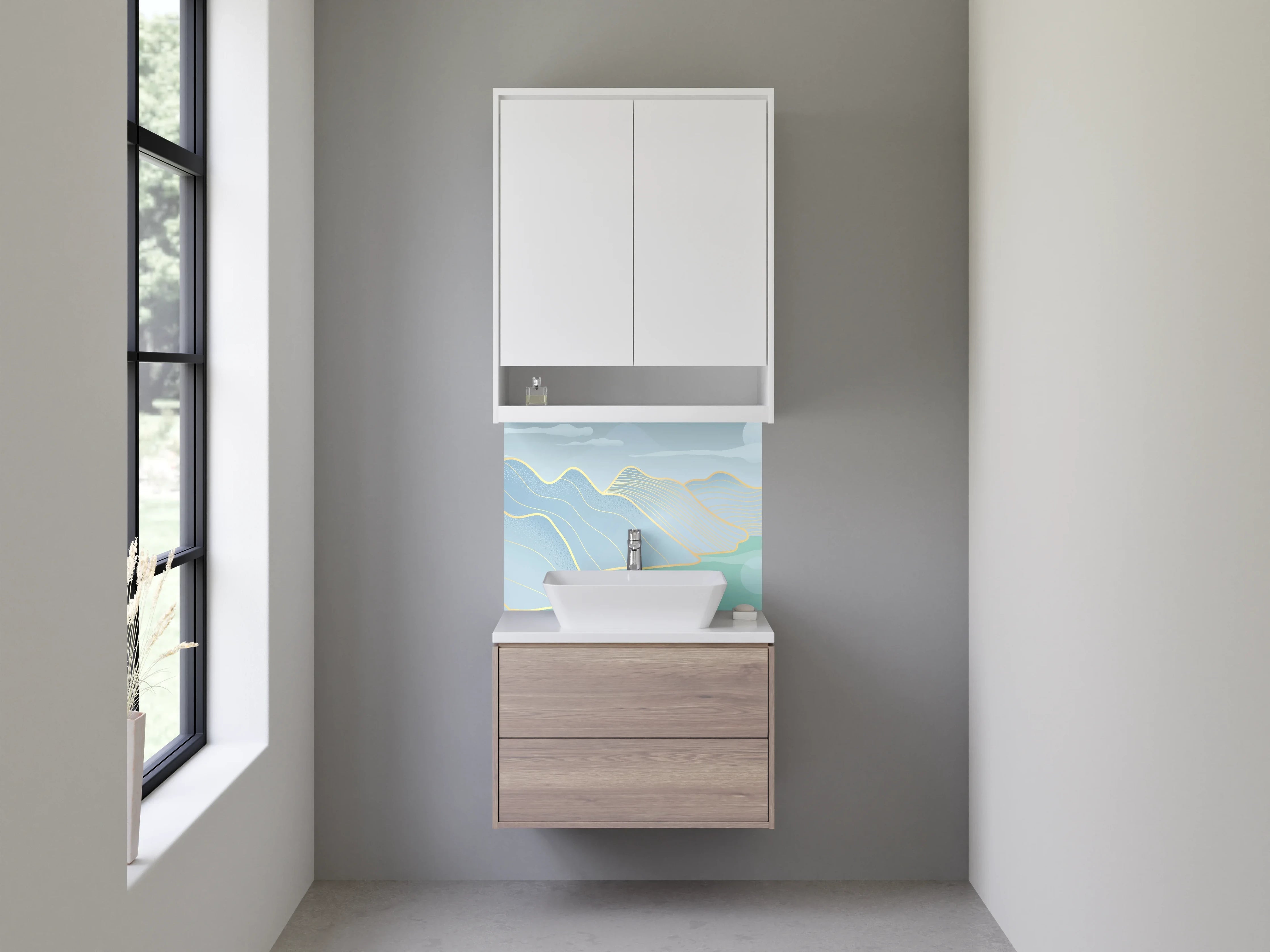 Waschbecken-Rückwand - Sanfte Berg- und Flusslandschaft