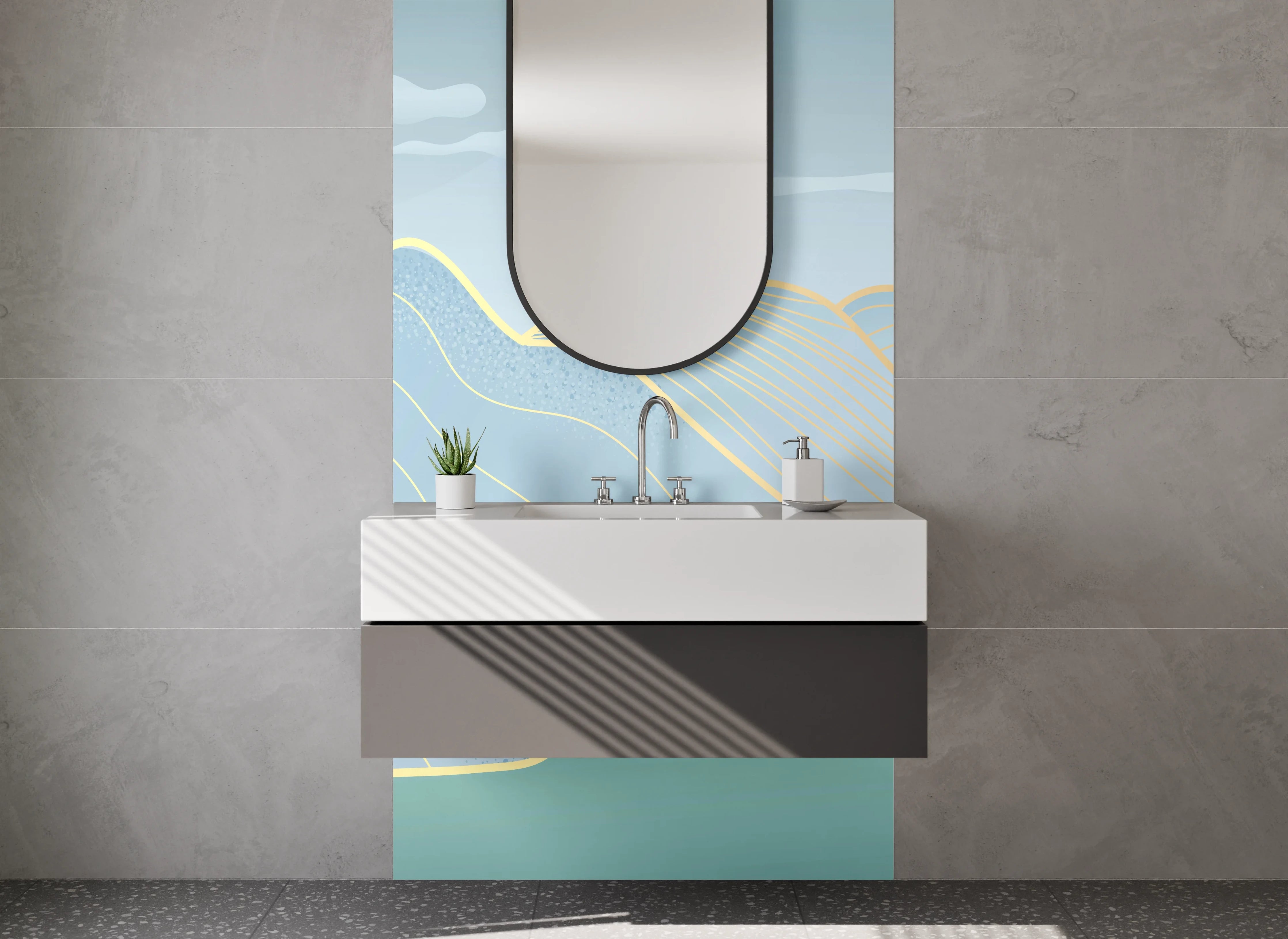 Waschbecken-Rückwand - Sanfte Berg- und Flusslandschaft