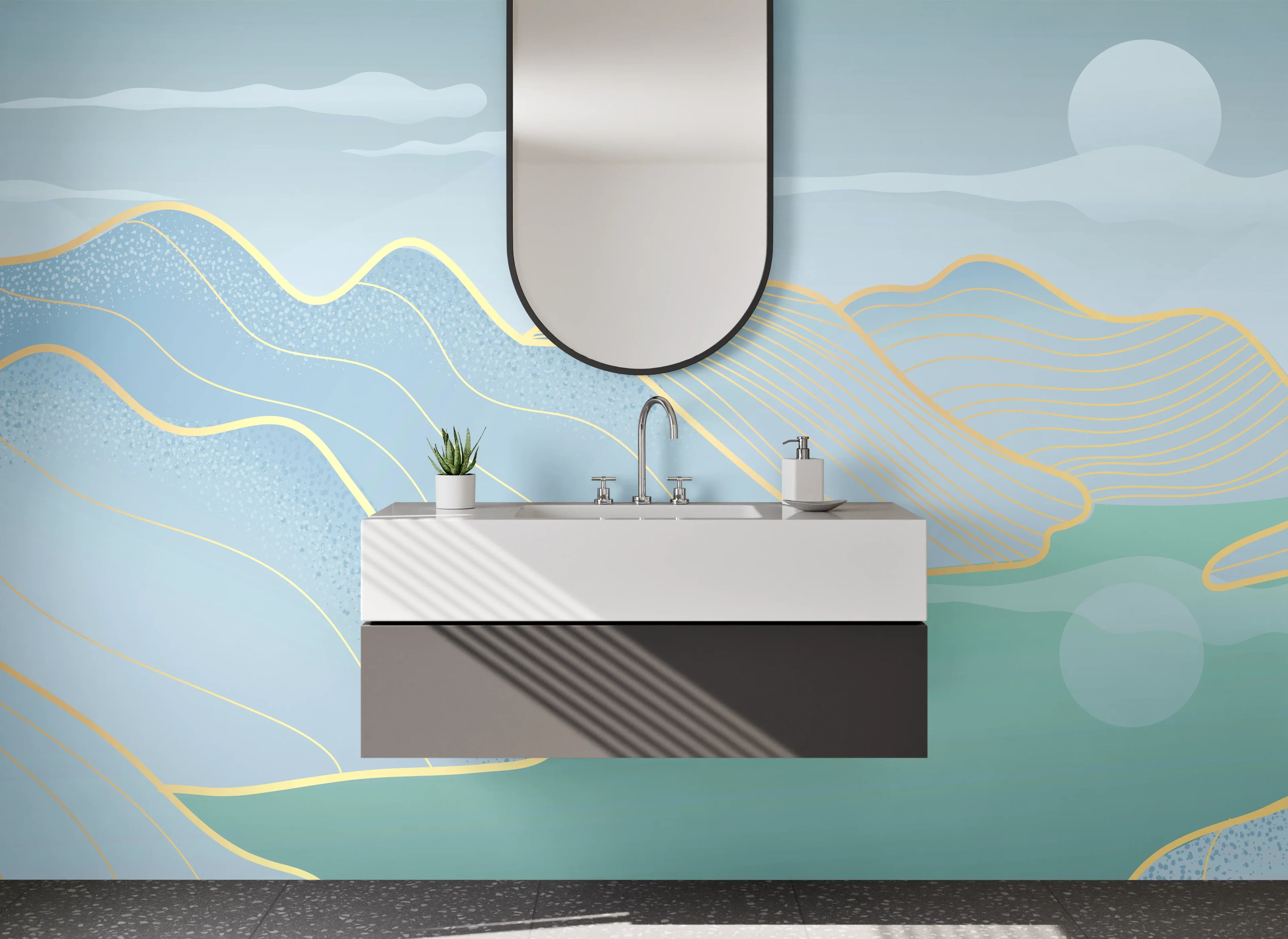 Waschbecken-Rückwand - Sanfte Berg- und Flusslandschaft