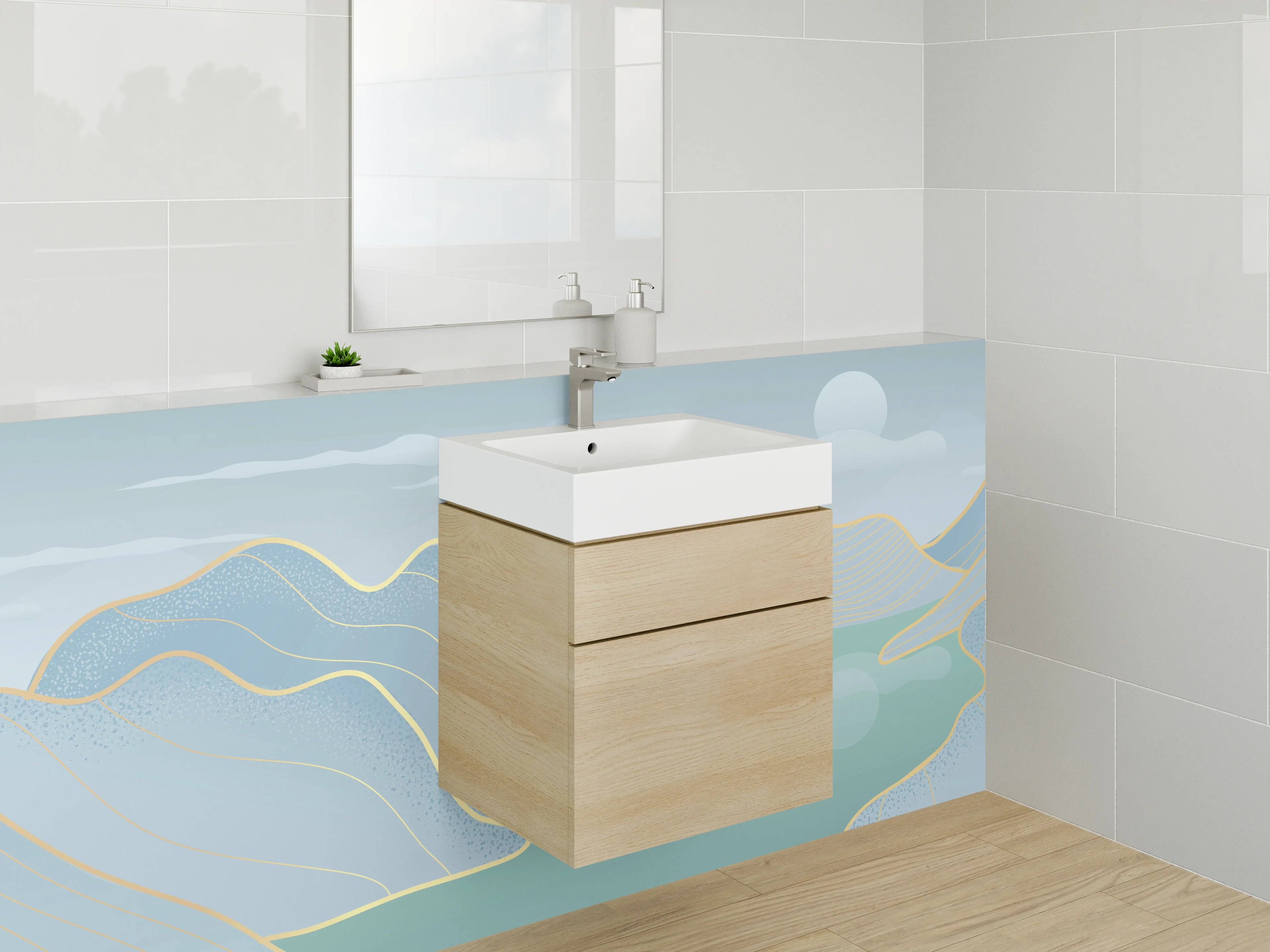 Waschbecken-Rückwand - Sanfte Berg- und Flusslandschaft