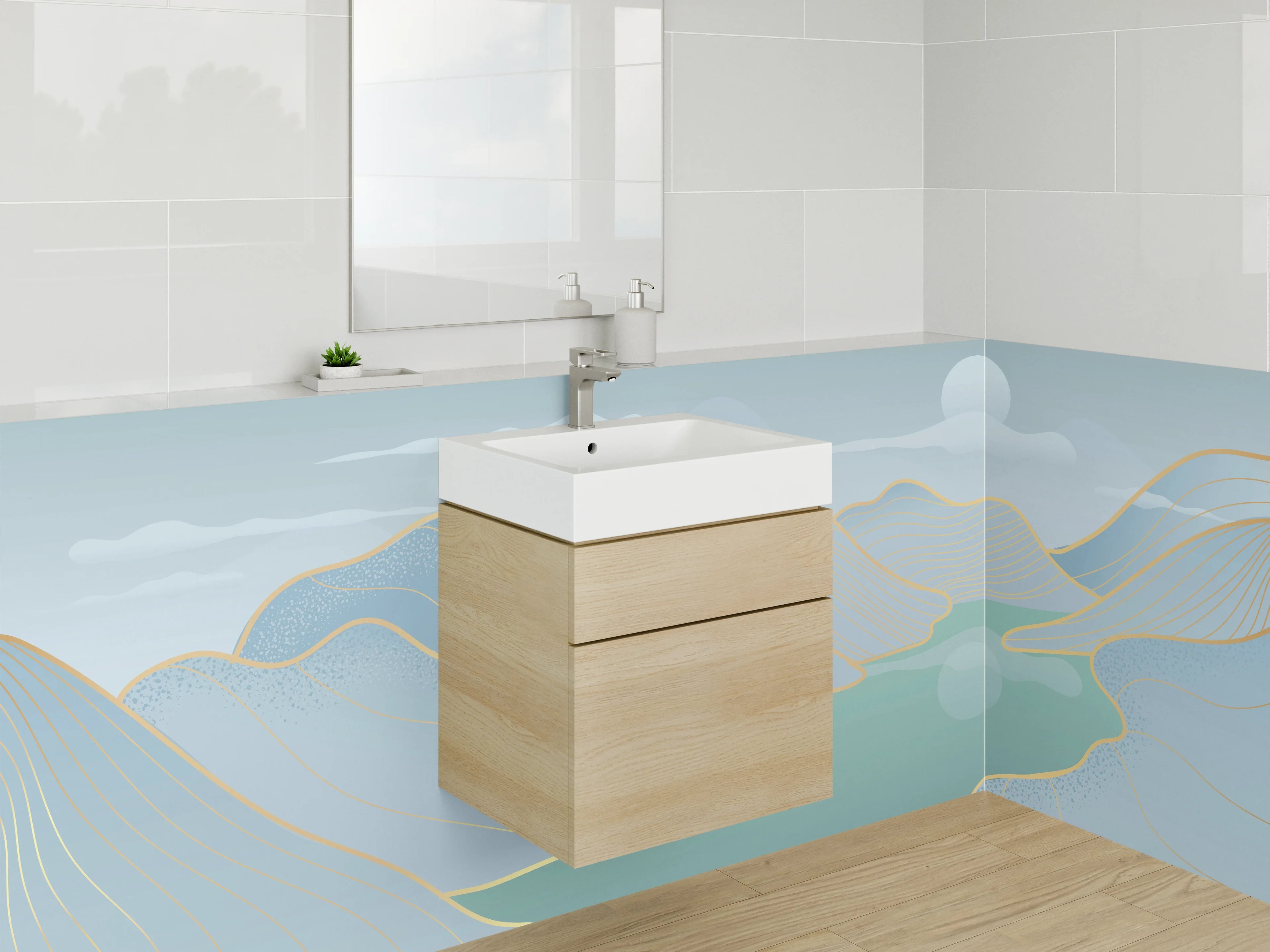 Waschbecken-Rückwand - Sanfte Berg- und Flusslandschaft