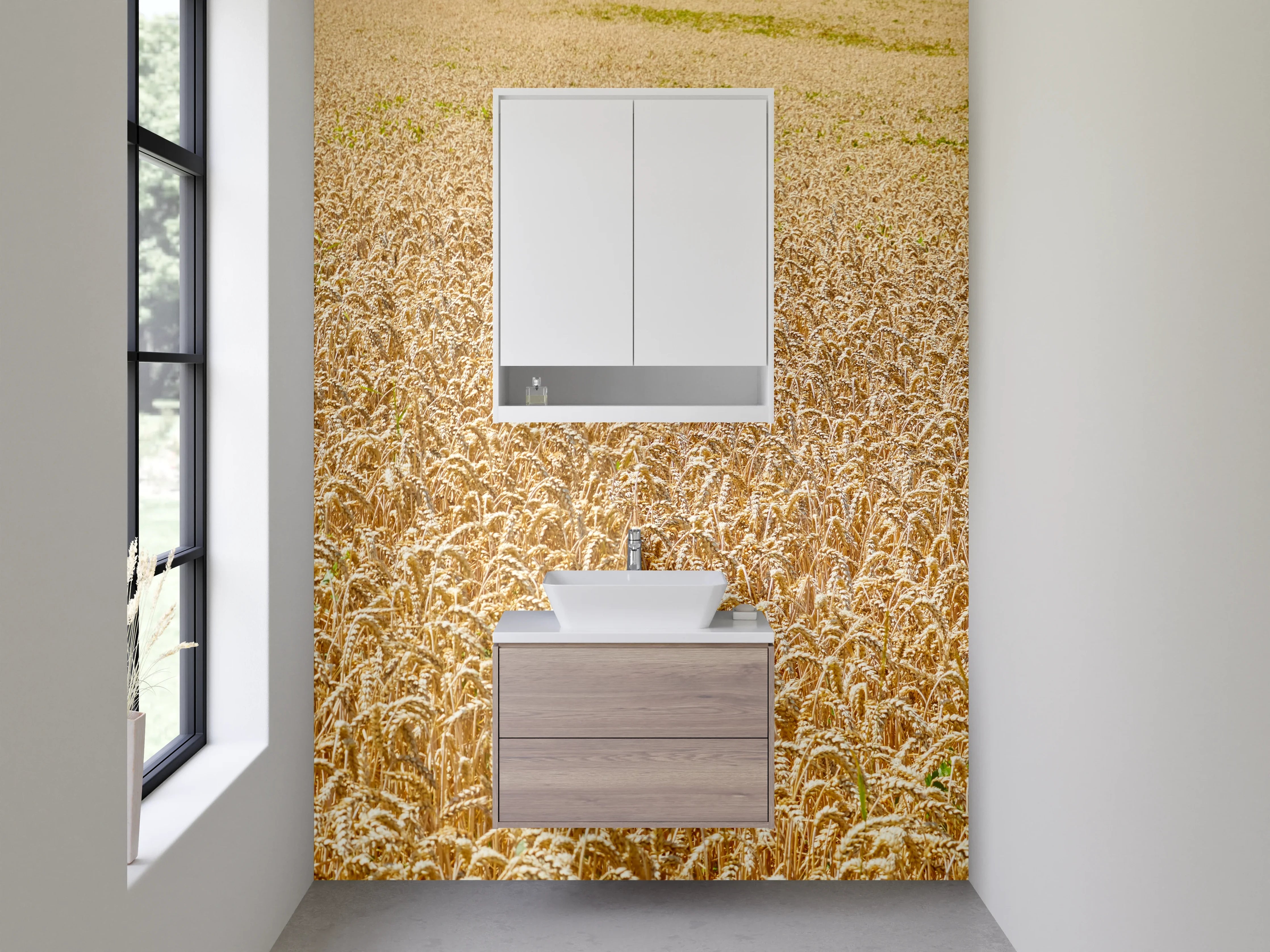 Waschbecken-Rückwand - Sanfte Grau-Weizenlandschaft im Licht