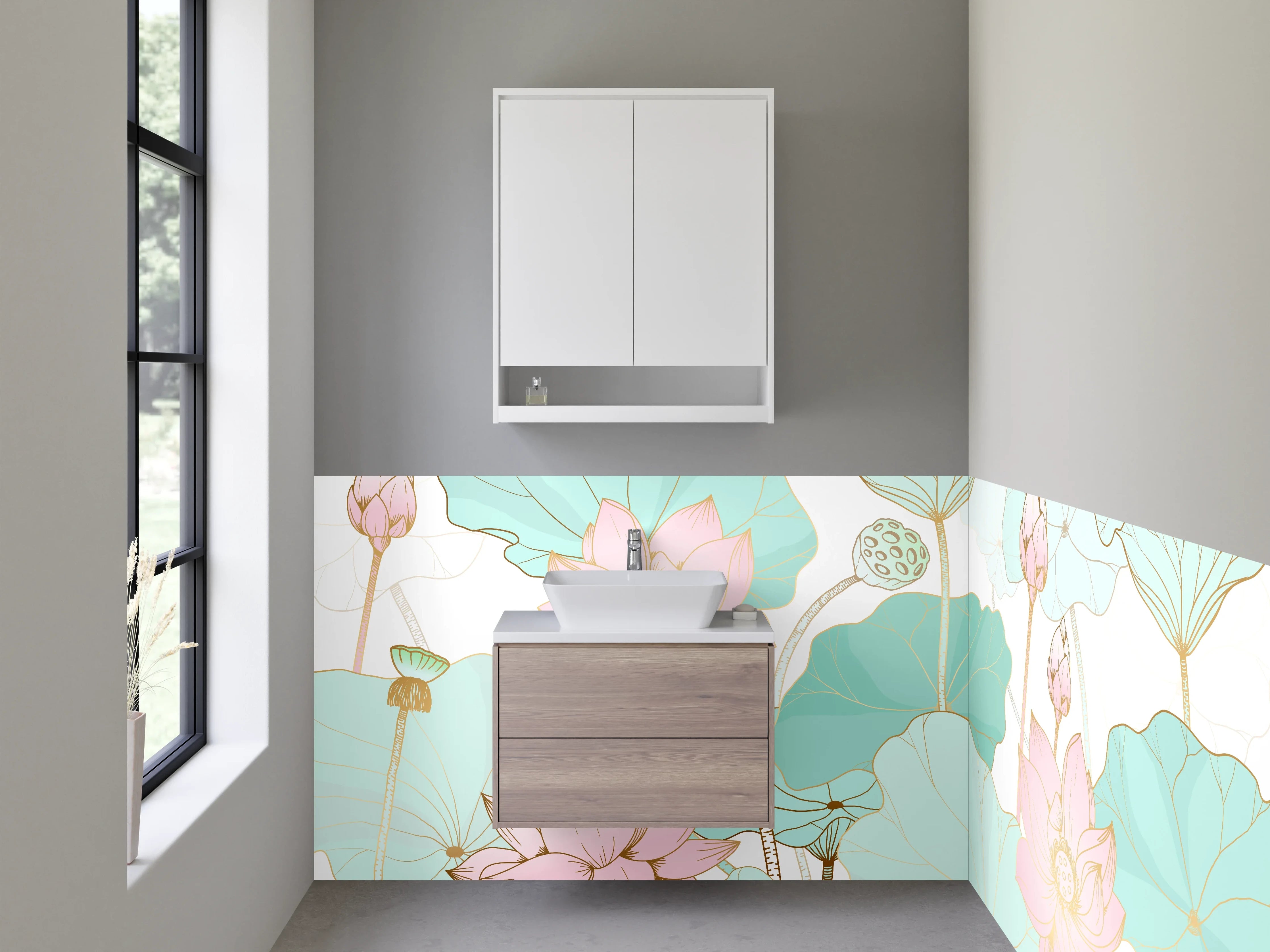 Waschbecken-Rückwand - Sanfte Lotus- und Wasserpflanzen-Kunst im Pastellstil
