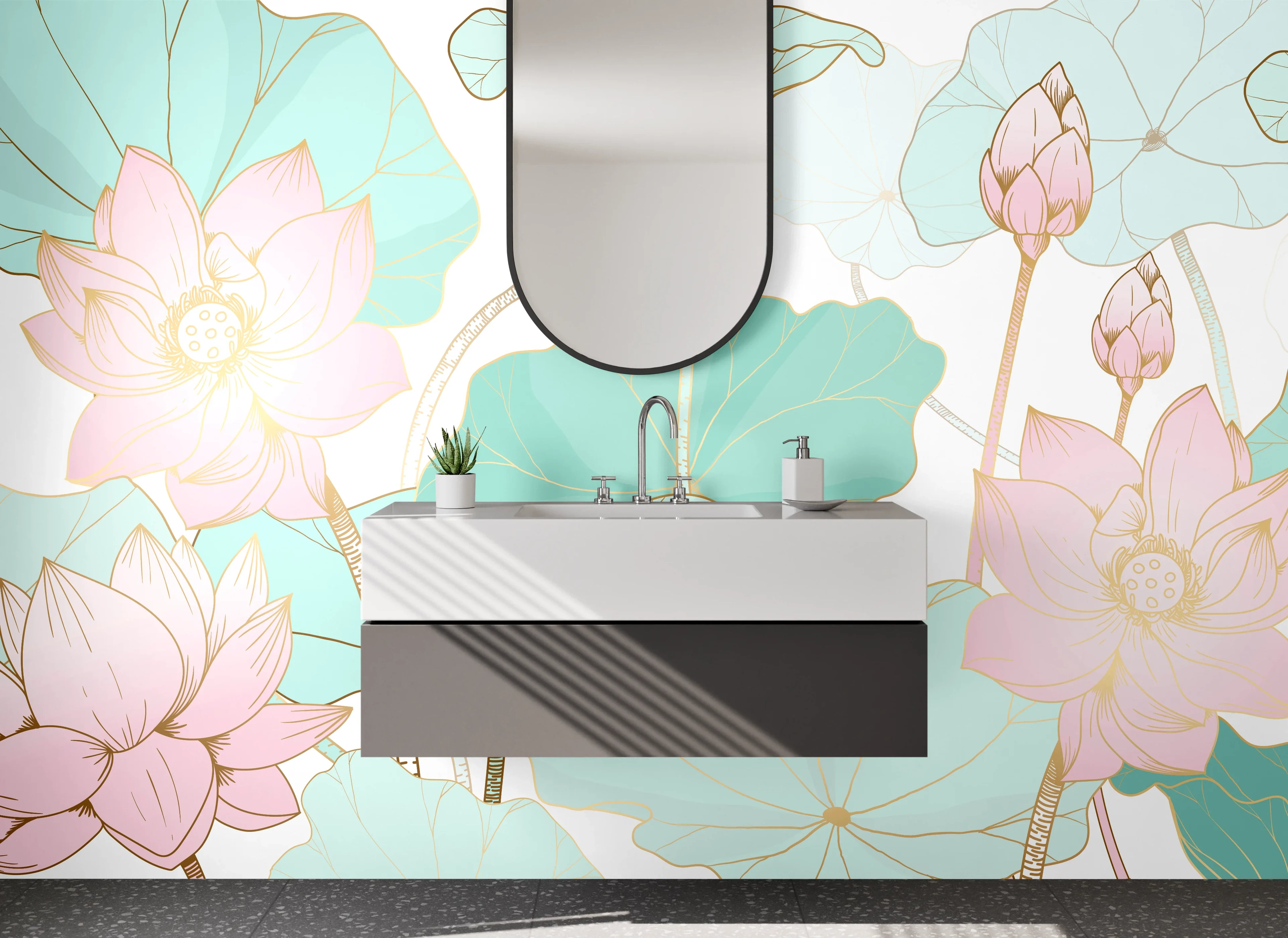 Waschbecken-Rückwand - Sanfte Lotus- und Wasserpflanzen-Kunst im Pastellstil