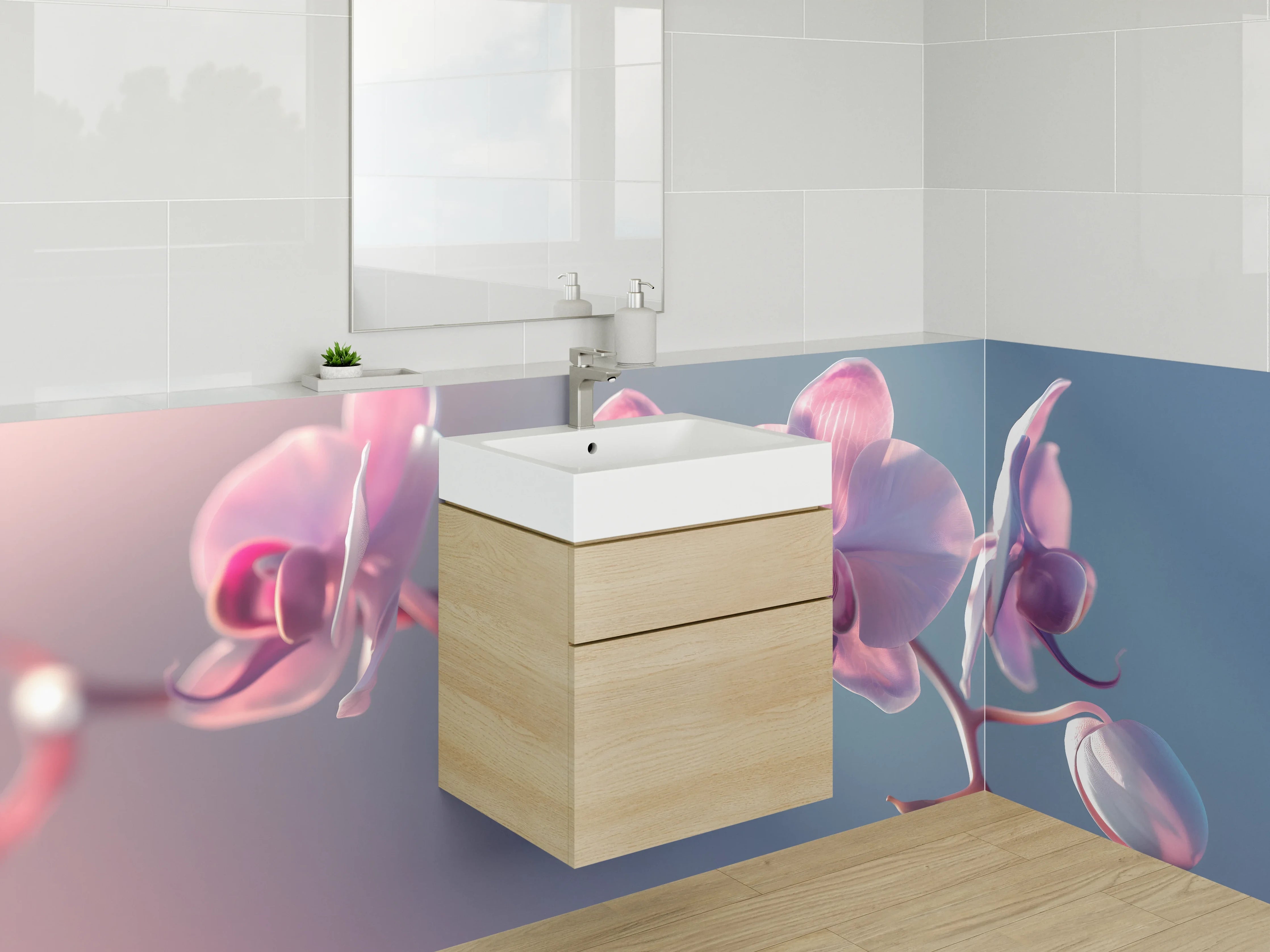 Waschbecken-Rückwand - Sanfte Orchidee auf pastelligen Tönen