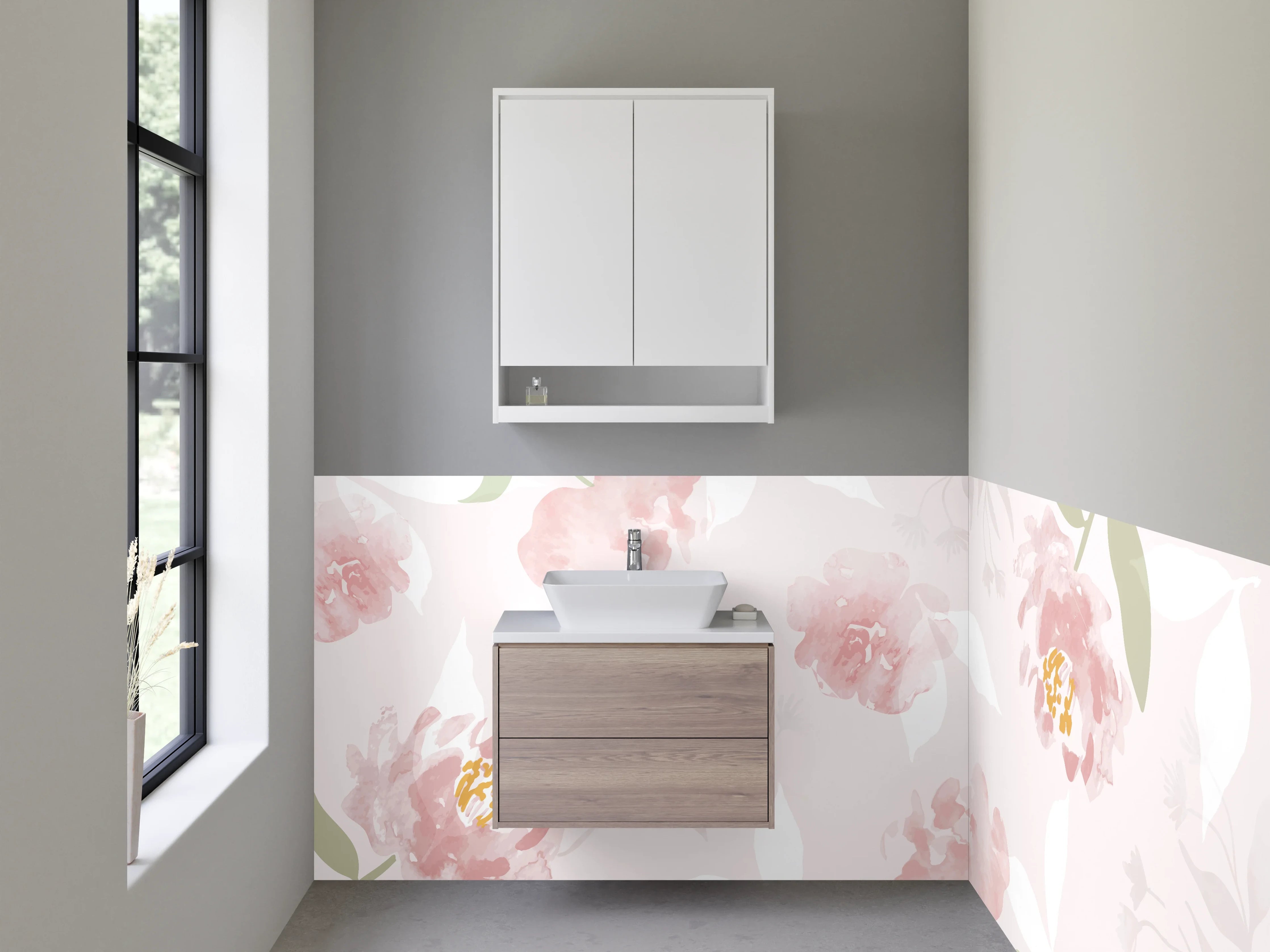 Waschbecken-Rückwand - Sanfte Pastellblumen mit rosa Akzenten