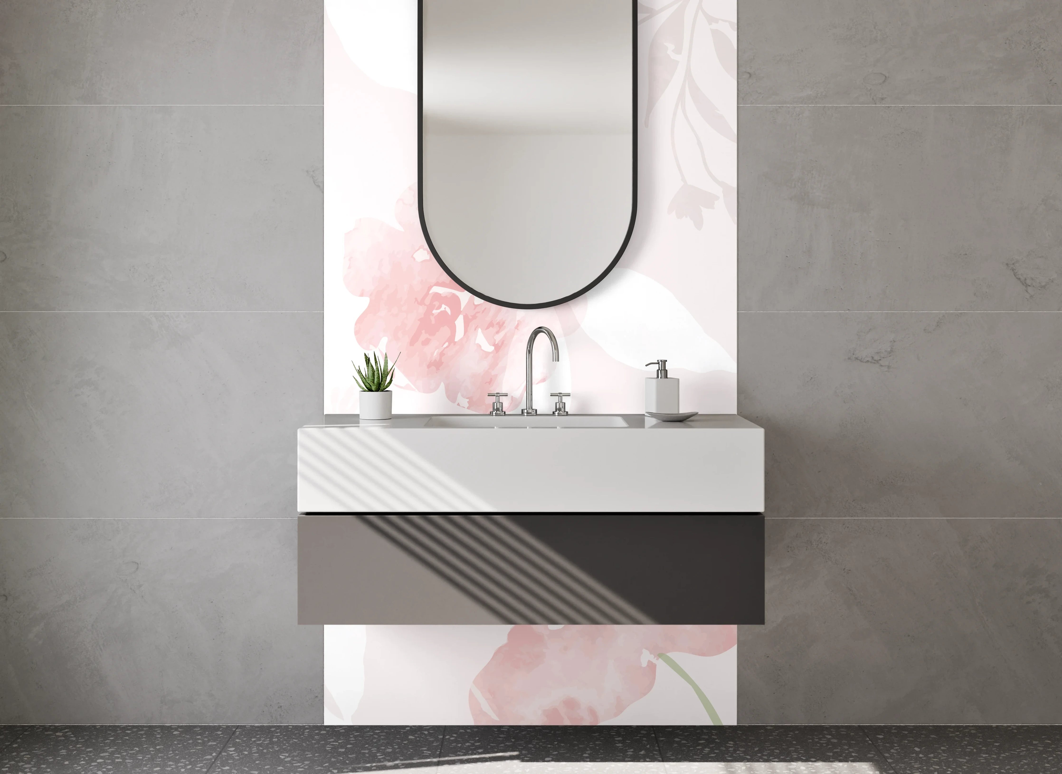 Waschbecken-Rückwand - Sanfte Pastellblumen mit rosa Akzenten