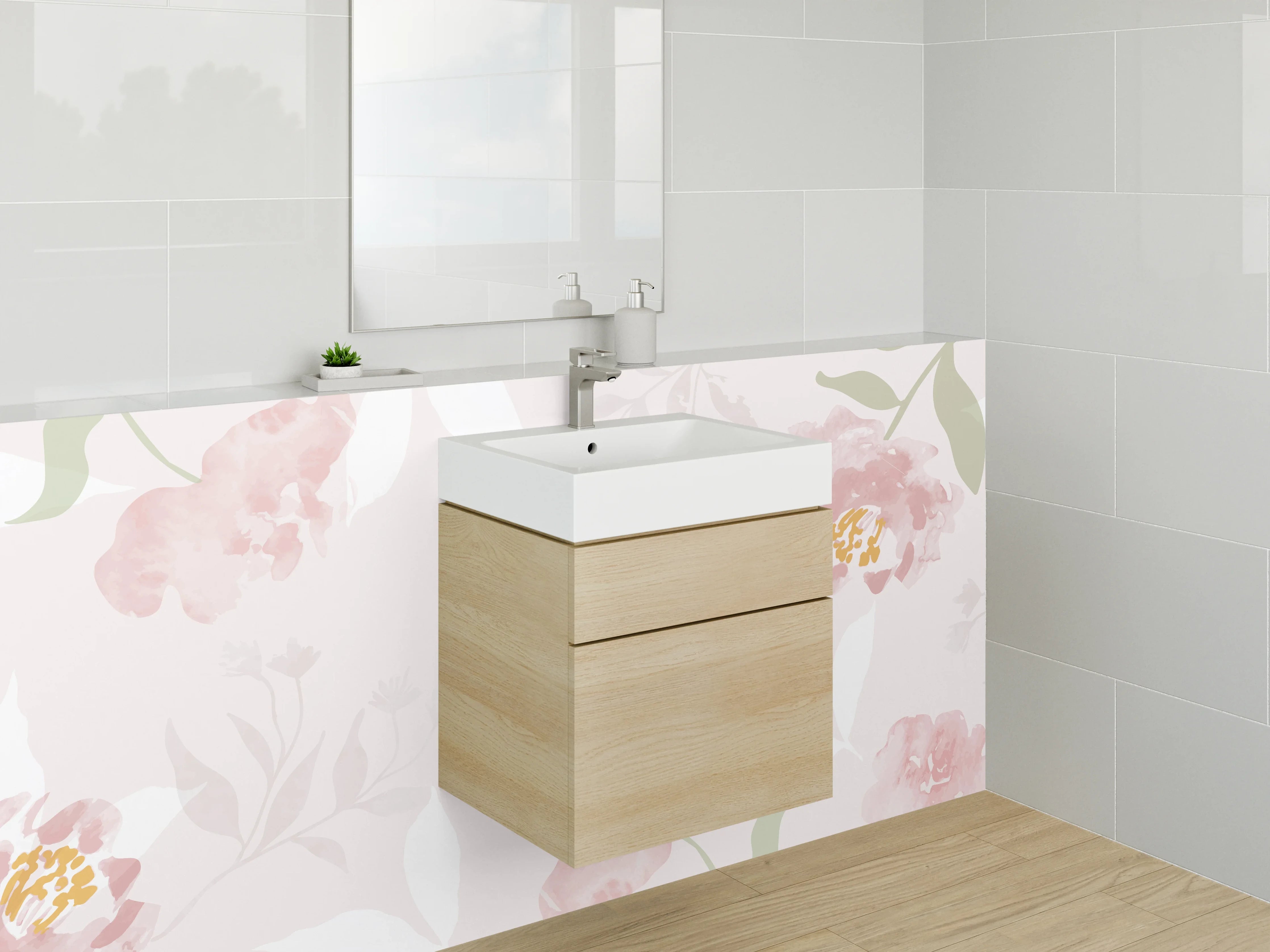 Waschbecken-Rückwand - Sanfte Pastellblumen mit rosa Akzenten