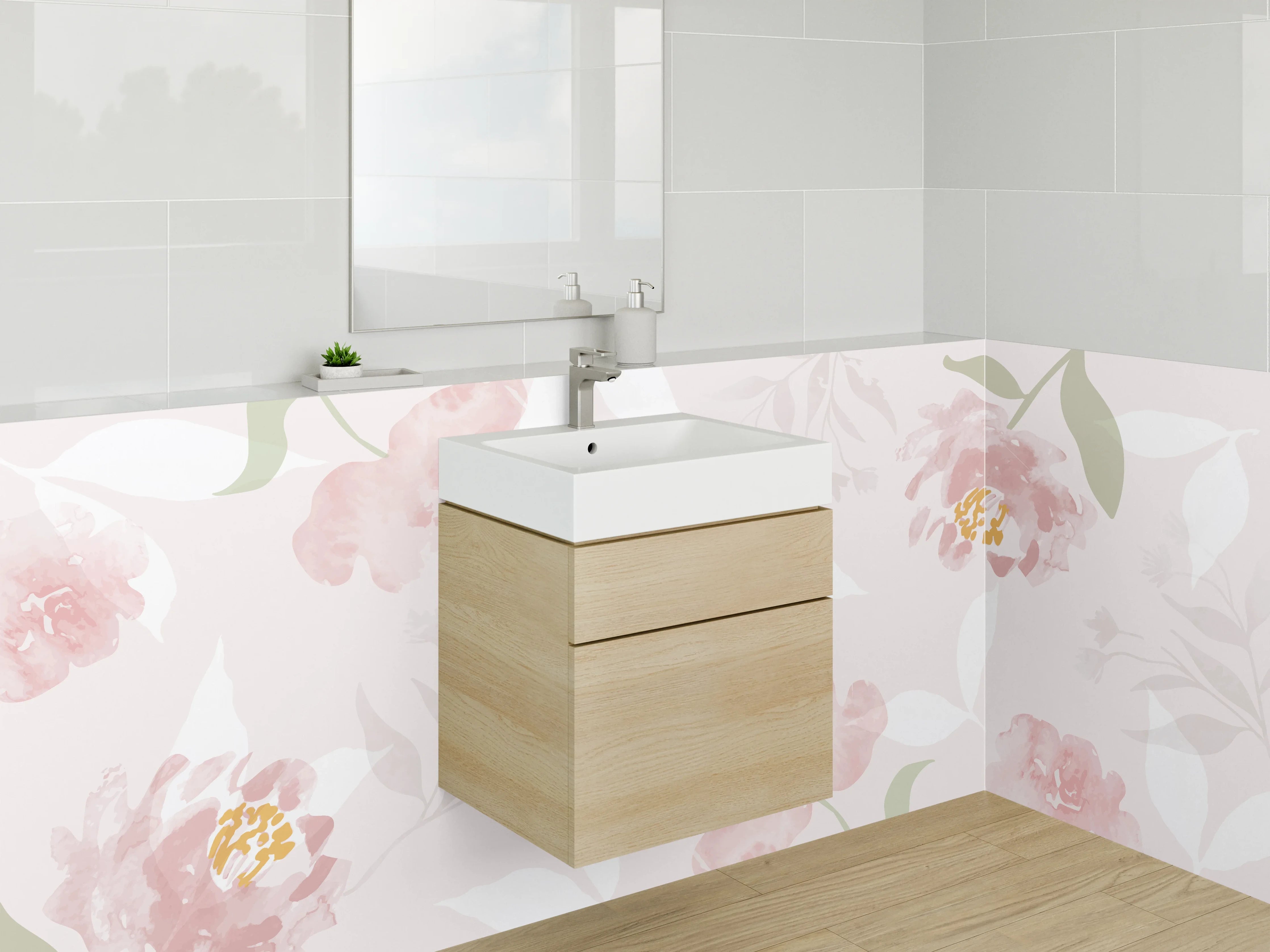 Waschbecken-Rückwand - Sanfte Pastellblumen mit rosa Akzenten